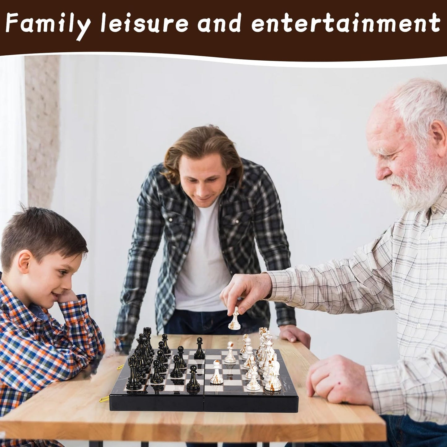 15" Large Chess Set for Adults with Weighted Acrylic Chess Pieces 3.5" King & Portable Folding Marbling Wooden Chess Board Travel Chess Sets Family Board Game Gift – Elegant Classic Chess Game