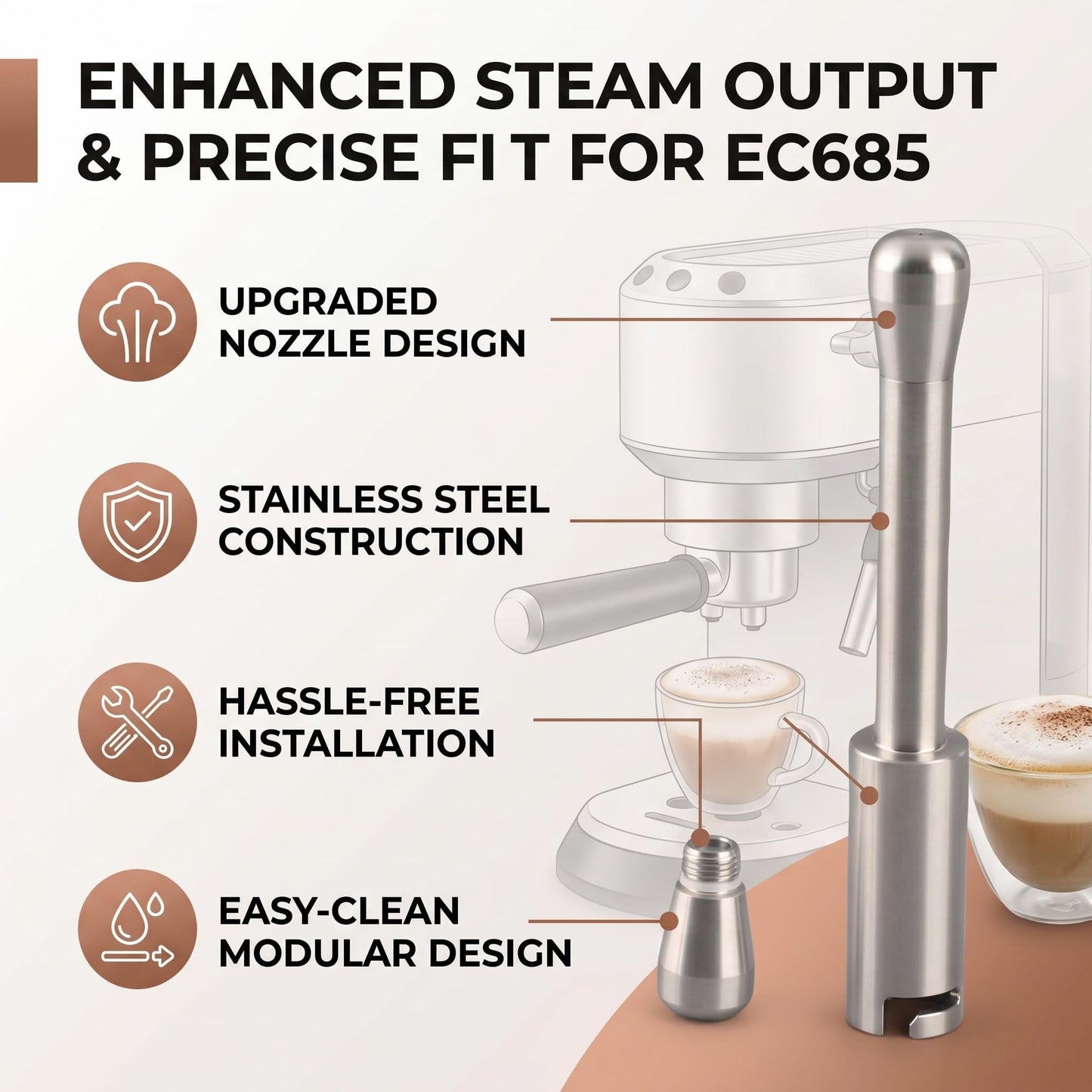 Upgrade Your Coffee Machine Steam Wand, Stainless Steel Milk 3oz Steam Nozzle for EC685, ECP35, ECP36 Coffee Machines with Easy Installation for Rich Milk Foam Latte Art
