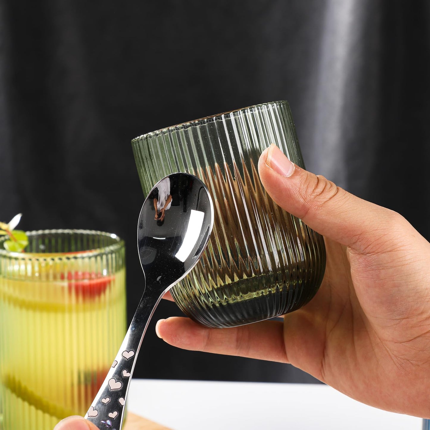 WeirdUncle Set of 8 Ribbed Glassware,4 Highball Glasses 14oz & 4 Rocks Drinking Glasses 9oz, Green, Origami Style, Fluted Design, for Milk, Water, Cocktail, Juice, Beer, ToothBrush Cup, Gift