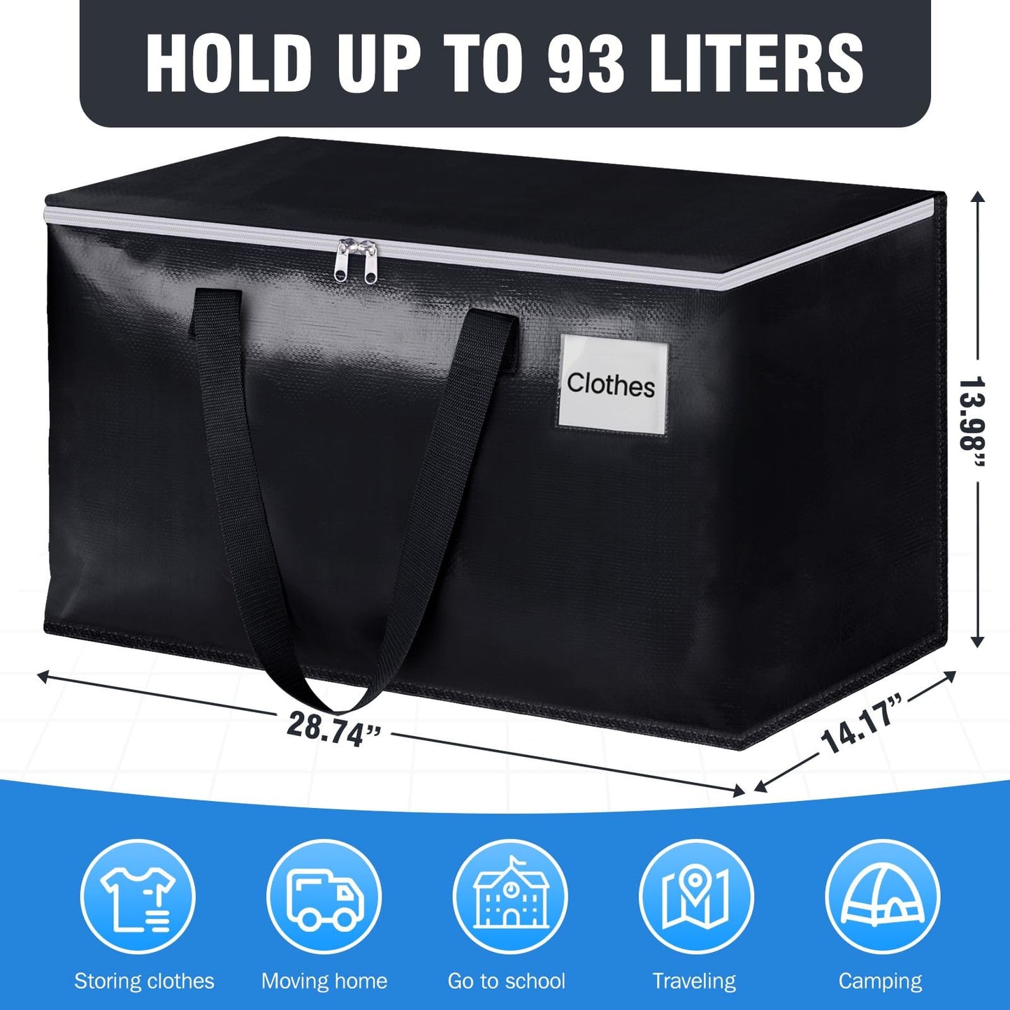 BlissTotes Moving Bags, Heavy Duty Moving Boxes with Zippers Top and Sturdy Handles, Storage Bags for Space Saving and Packing, Collapsible Moving Supplies, Storage Totes (93L, 8-Pack, Black)