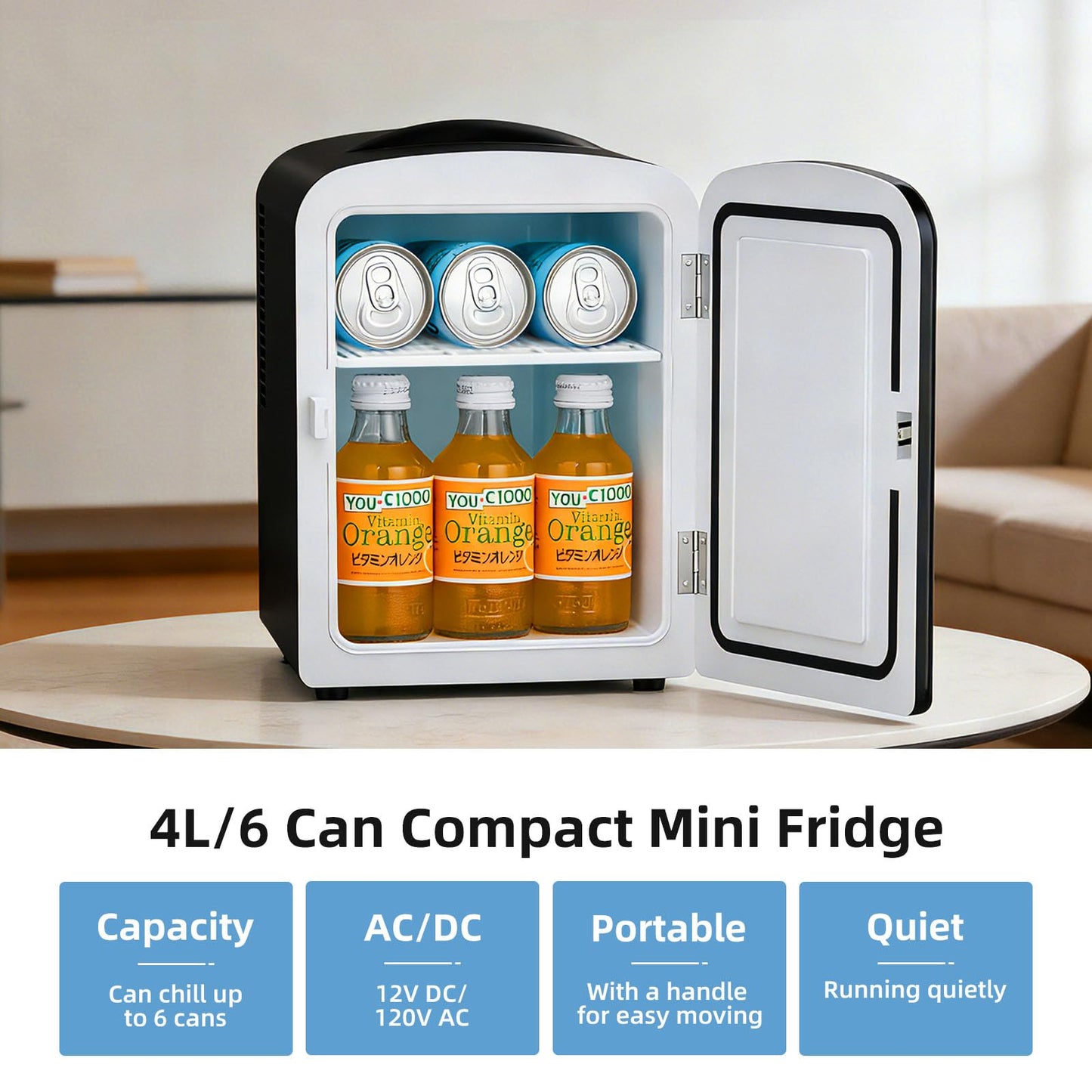 Antarctic Star 4L/6 Can Portable Mini Fridge,Personal Compact Refrigerator,Small Cooler for Food,Drinks or Skin Care, AC/DC for Bedroom, Car, Office & Dorm, Black