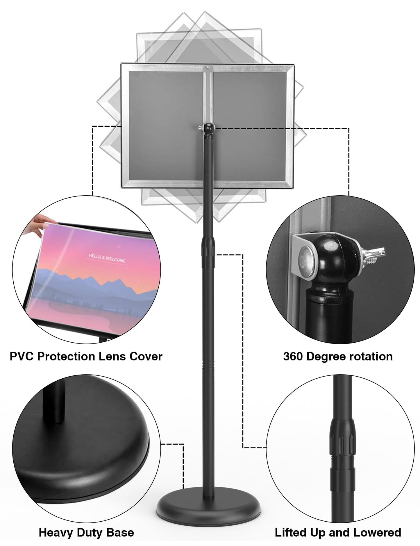 KOOV Sign Holder 8.5x11 inch-Adjustable Sign Stand for Display, Floor Standing Sign Holder Stand, Pedestal Heavy Duty Poster Stand with Round Base for Display, Advertisement, and Outdoor (2Pack)