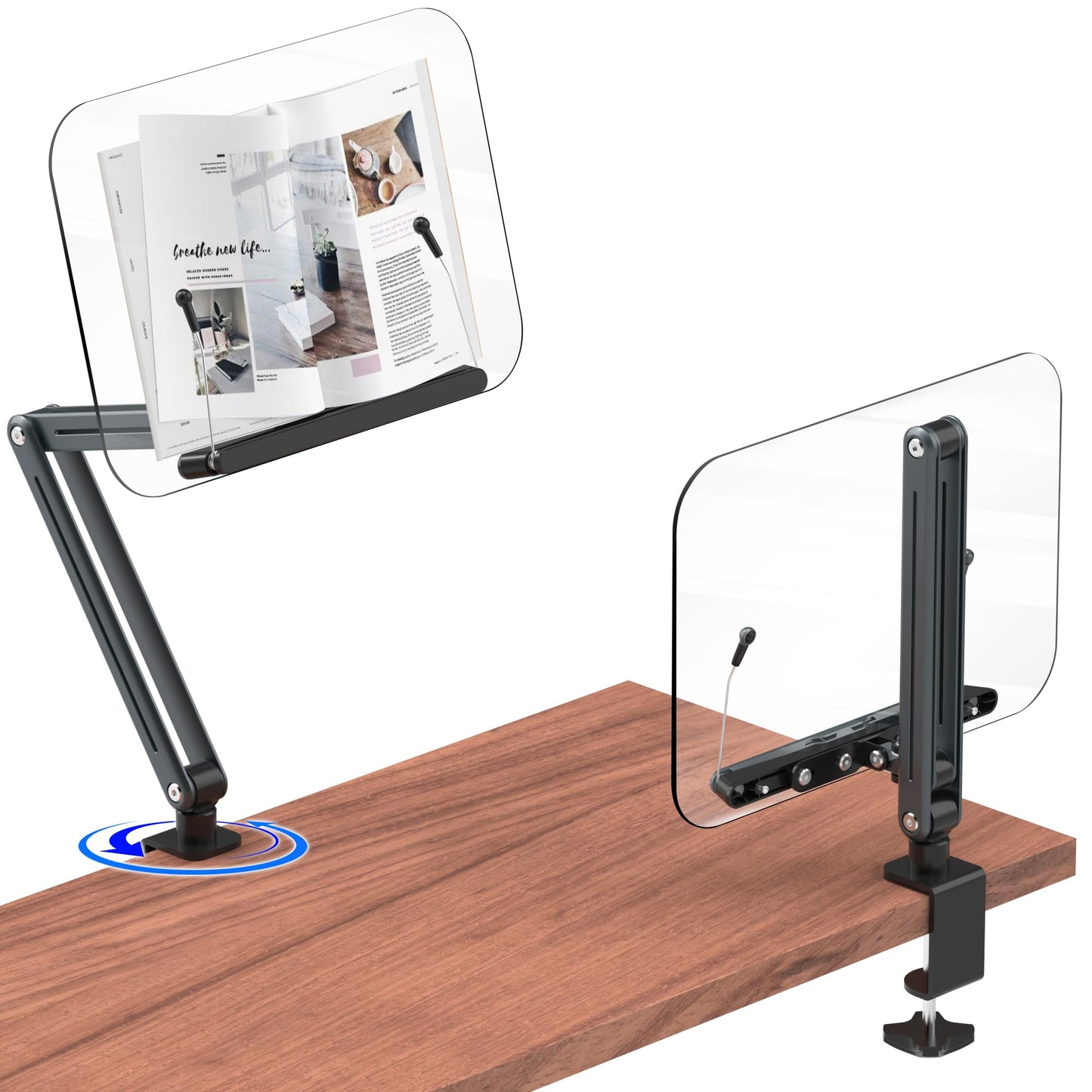 YCNEW Desk Clamp Acrylic Book Stand for Reading, Ergonomic Design Adjustable Height up to 20 inches with Rotating Bases Cookbook Stand, Suitable for Recipe, Sheet Music, Tablet(Gray)