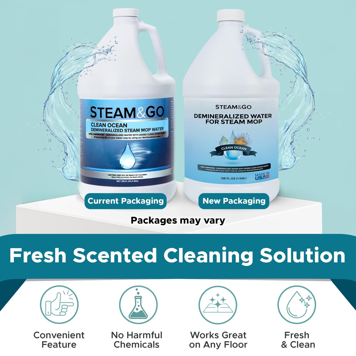 Steam & Go Demineralized Water - Multisurface Cleaner, PVC-Free Ready-to-Use for Mops & Floor Steamers - Ideal for Kitchen, Bathroom, & Home Surfaces - Clean Ocean Scent - 128 fl oz (1 gal)