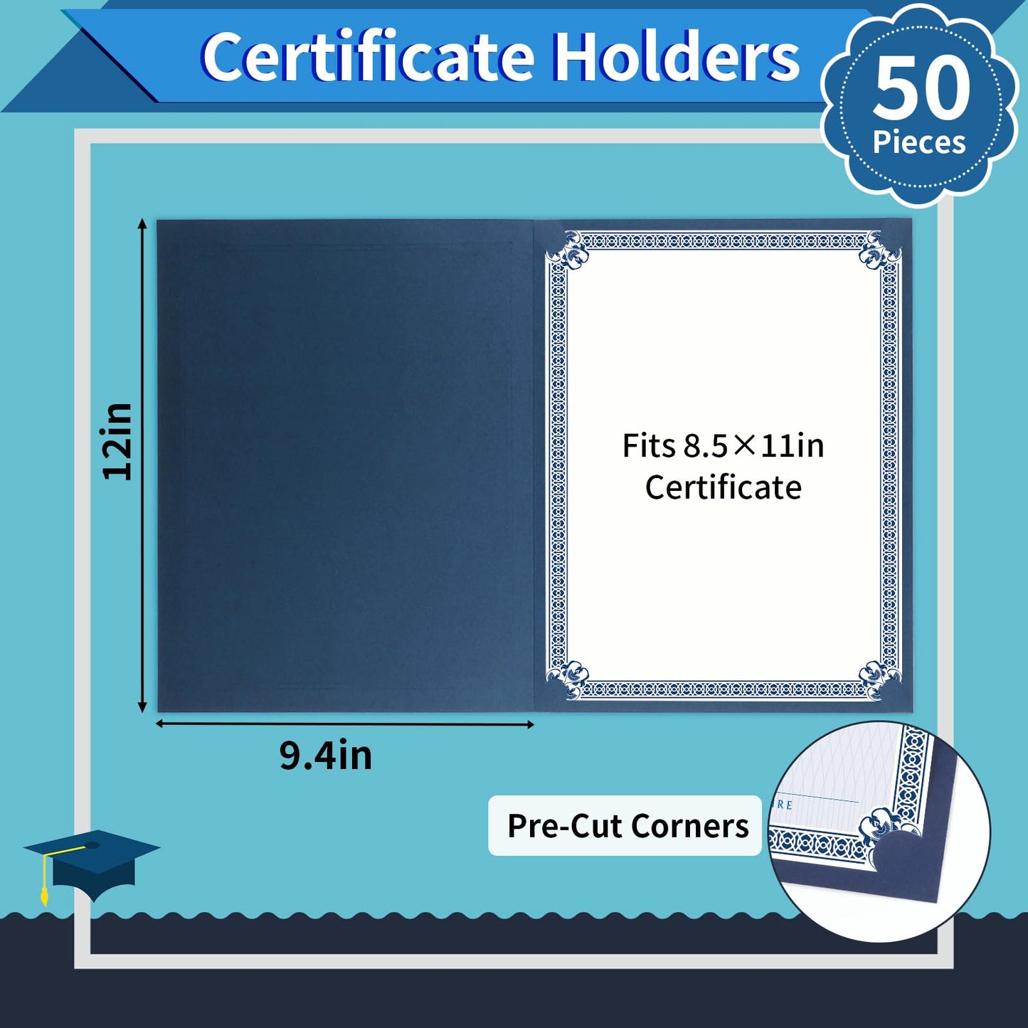 50 Packs Certificate Holders, Navy Blue Certificate Covers, Diploma Holders, Certificate Folders with Gold Foil Border for Letter Size 8.5" x 11" Certificates, Diploma, Documents, Award Cover