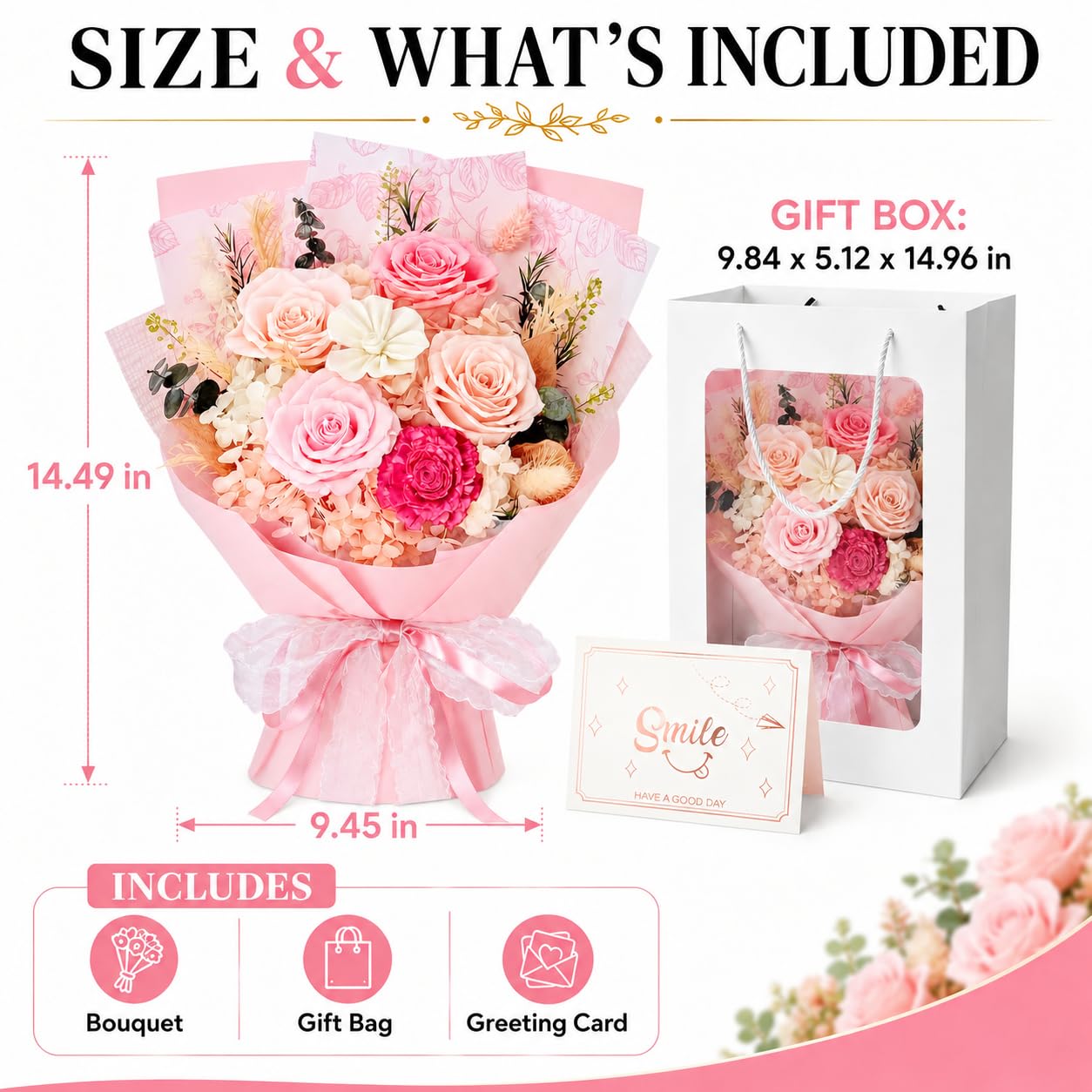 Pink Preserved Flowers Bouquet, Eternal Real Flower for Women Real Roses That Last 3 Years Handmade Floral Arrangement for Mother's Day Birthday Gifts Anniversary Surprise for Mom Women Her