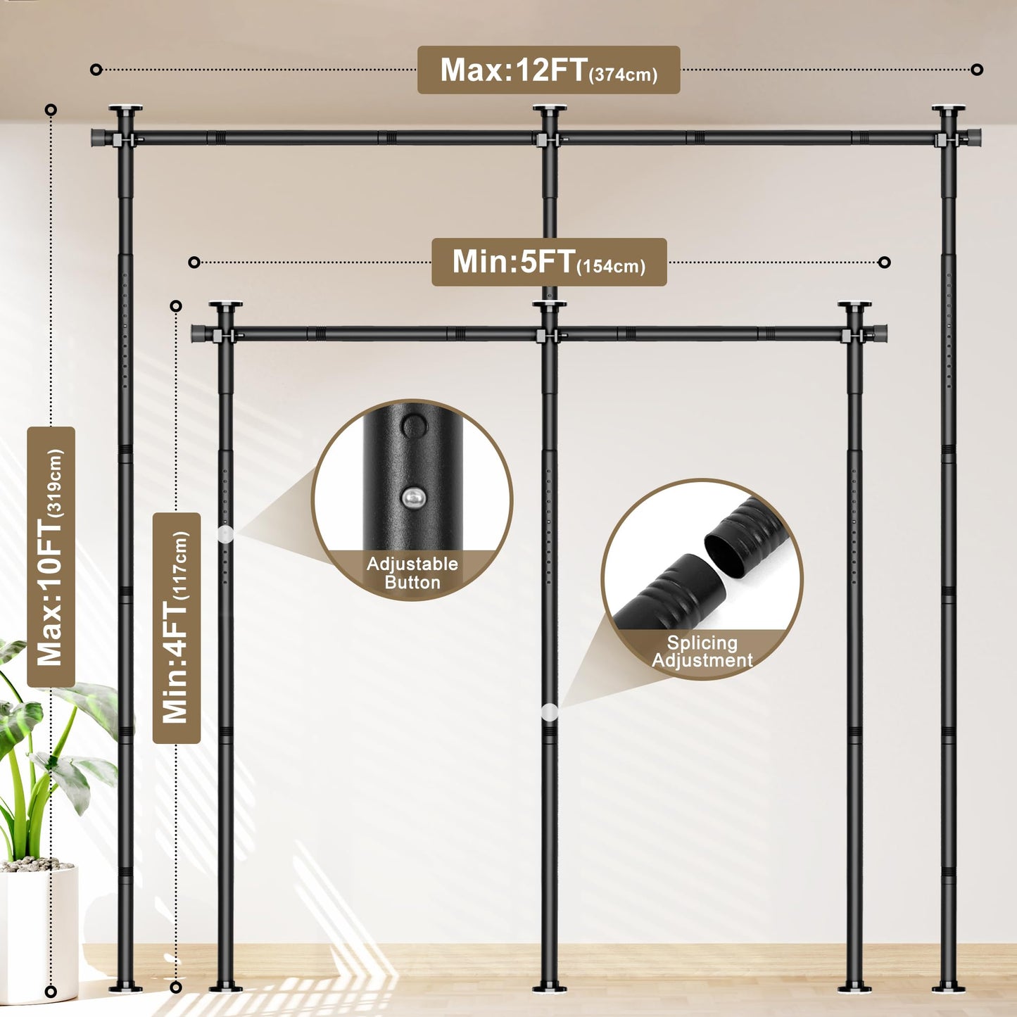 Room Divider Curtain Rod, No Drilling Tension Rod for Room Separation, Adjustable 4-10ft(H) 30-147"(W) Heavy Duty Floor to Ceiling Wall Divider Space Partition Privacy Separator for Dorm Office, Black