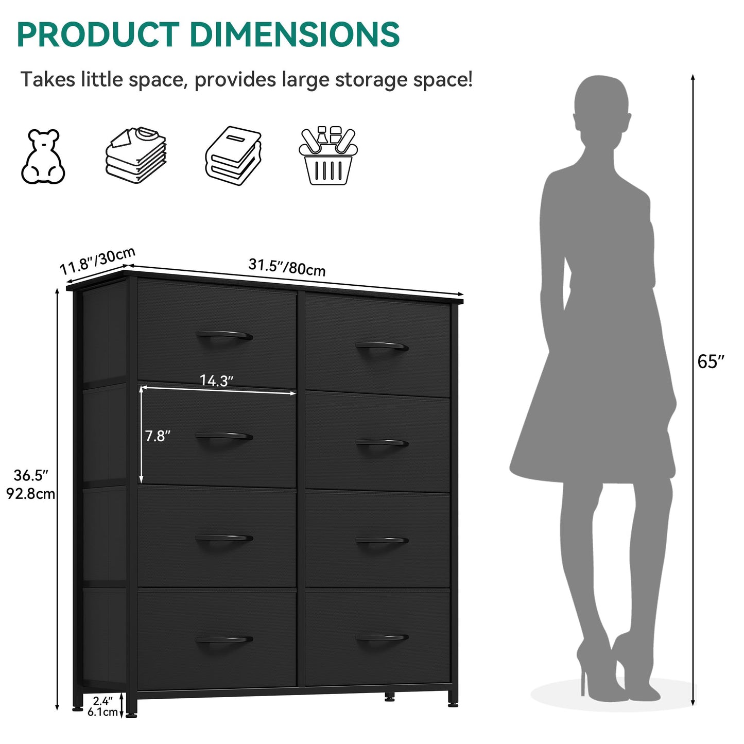 YITAHOME Fabric Dresser with 8 Drawers, Tall Dresser with Fabric Bins, Storage Tower Unit, Chest of Drawers for Living Room, Hallway