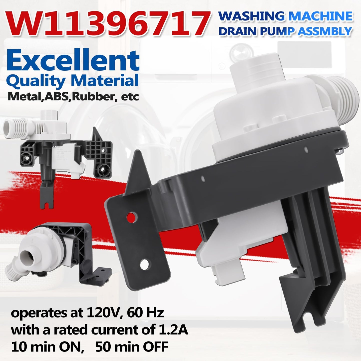 Washer Drain Pump Assembly W11263349, Fit Models WTW5100HC0, WTW5100HW0 WTW5105HC0 WTW5105HW0 WTW6120HC0 WTW6120HW0 WTW7120HC0 WTW7120HW0 WTW8120HC0 WTW8127LW0, Drain Pump Fit for Whirl-pool May-tag