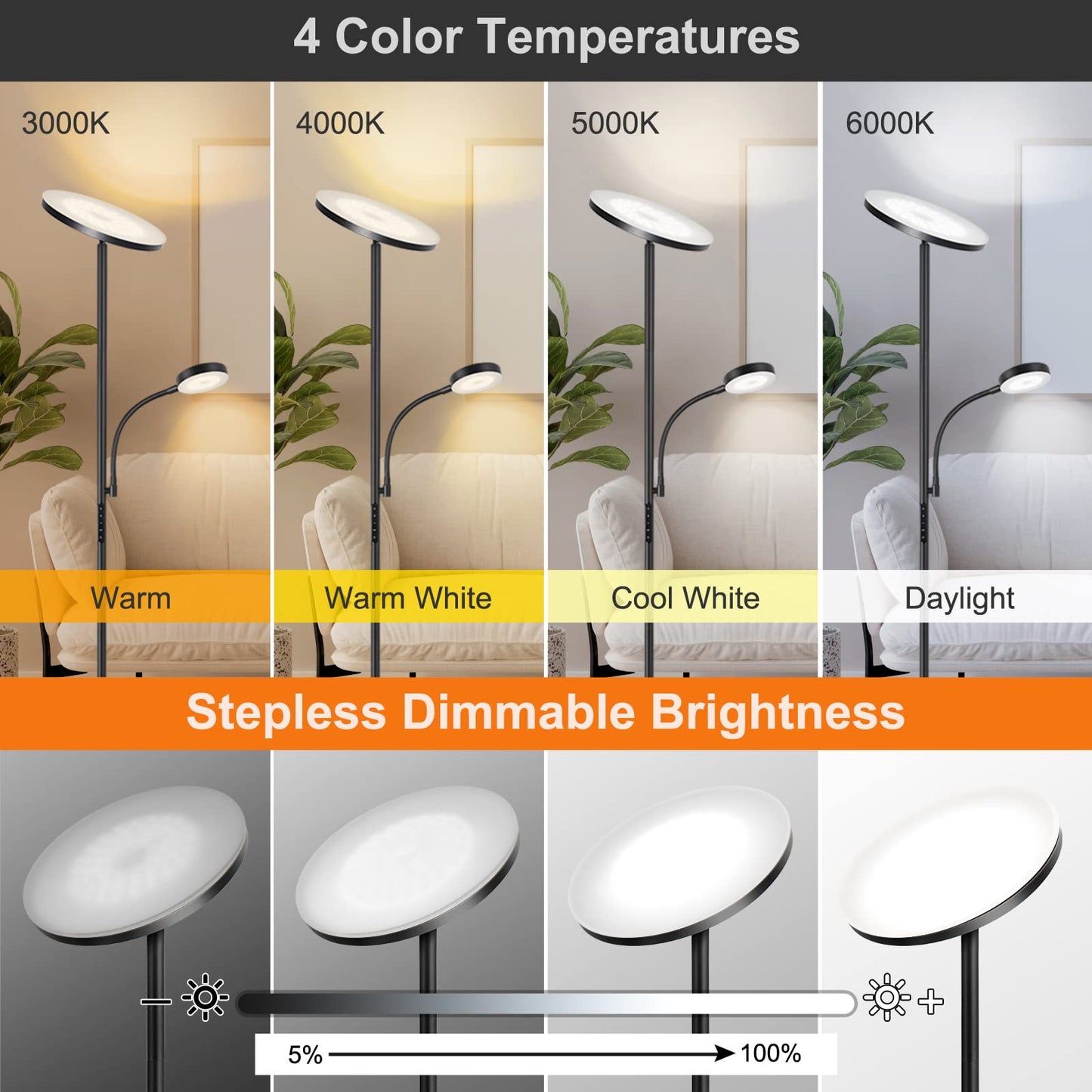 OUTON LED Floor Lamp, 27W/2400LM Modern Torchiere Lamp & 7W/ 400LM Reading Lamp, Bright Dimmable Standing Tall Lamp with 4 Color Temperature, Remote Touch Control for Living Room Bedroom Office, Black