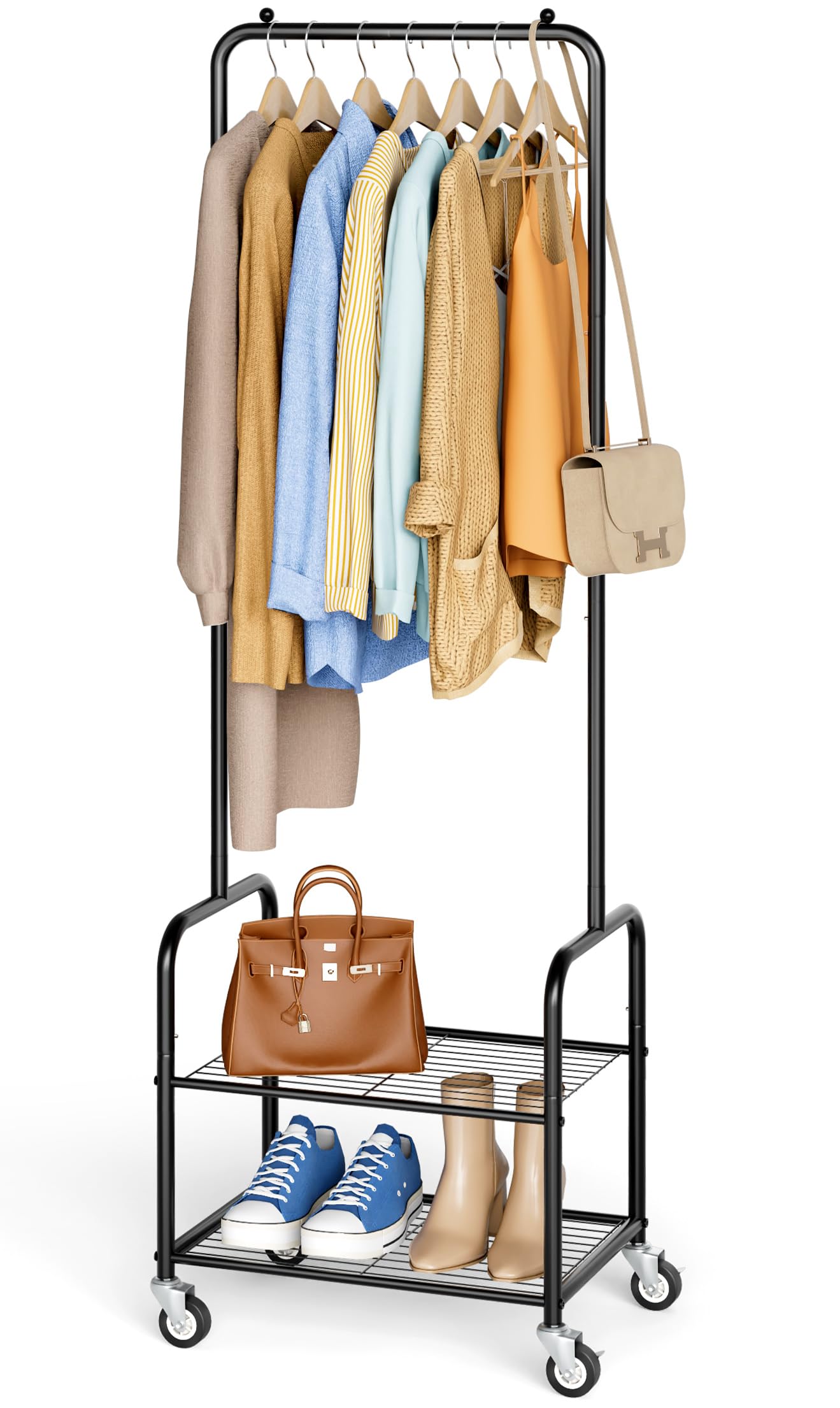 AOODA Small Clothes Rack with Shelves, Metal Sturdy Rolling Clothing Racks for Hanging Clothes, Portable Garment Rack with Wheels for Shirts, Coats, Shoes, Bags (Black)