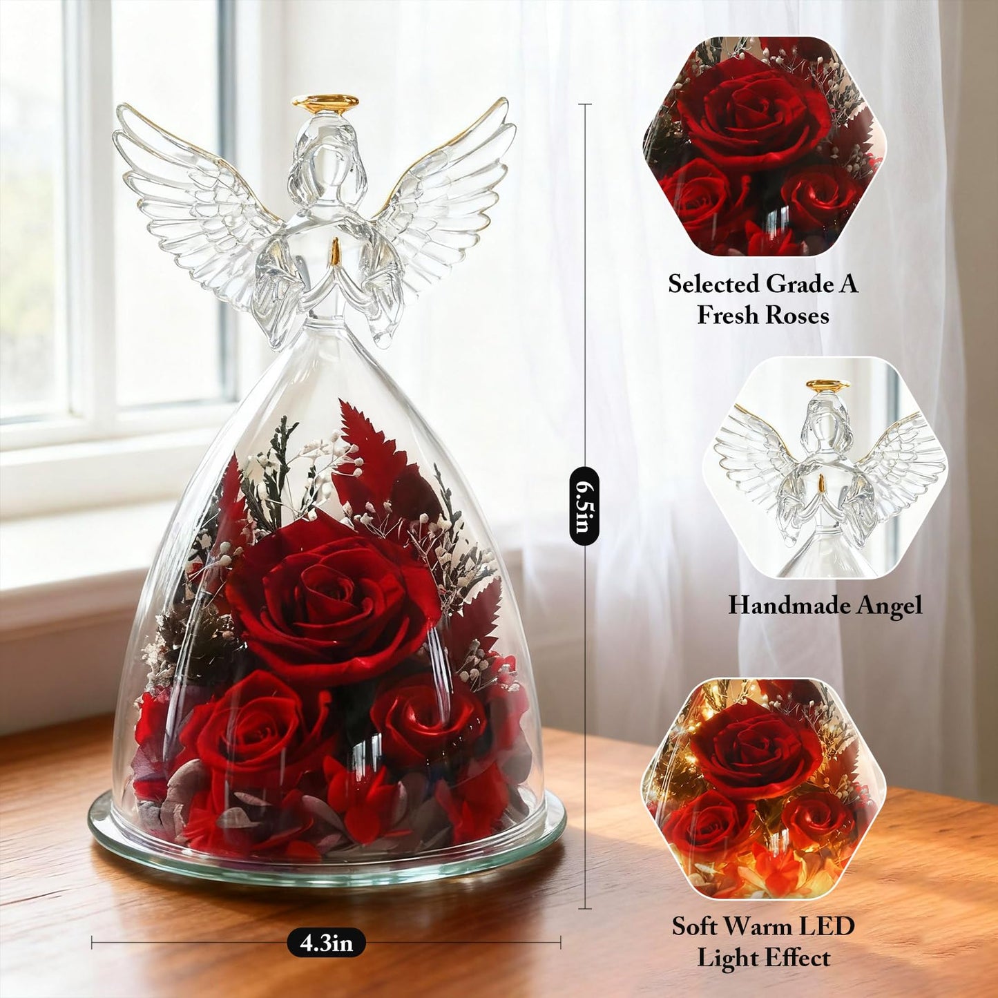 AIMEYE Mothers Day Roses Gifts for Mom,Forever Preserved Real Flowers Roses in Glass Angel Figurines,Mothers Day Flowers Gifts for Women Mom Wife Grandma from Daughter/Red