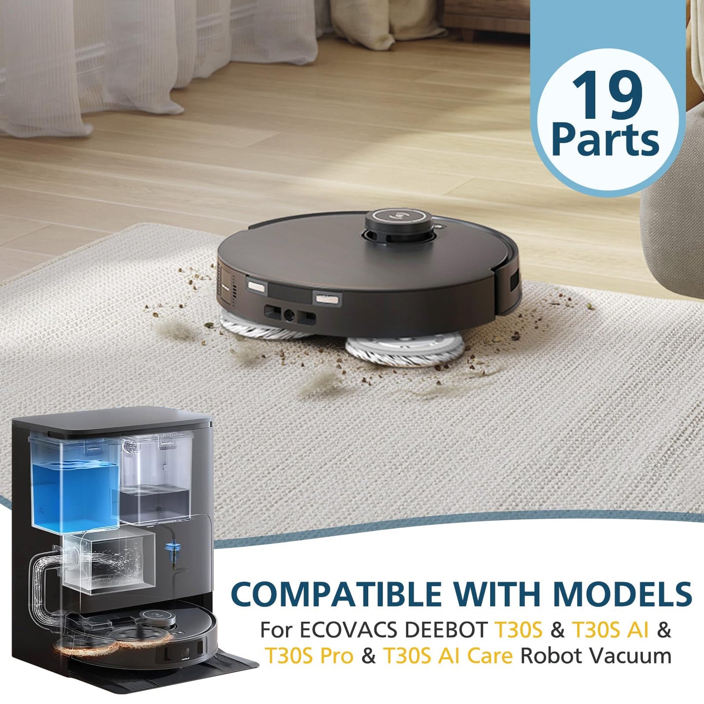 T30S Replacement Parts for ECOVACS DEEBOT T30S/T30S Pro Vacuum and Mop Accessories Kit, includes V-shaped brush, Mop pads, Hepa Filters, Dust Bags, and Side Brushs