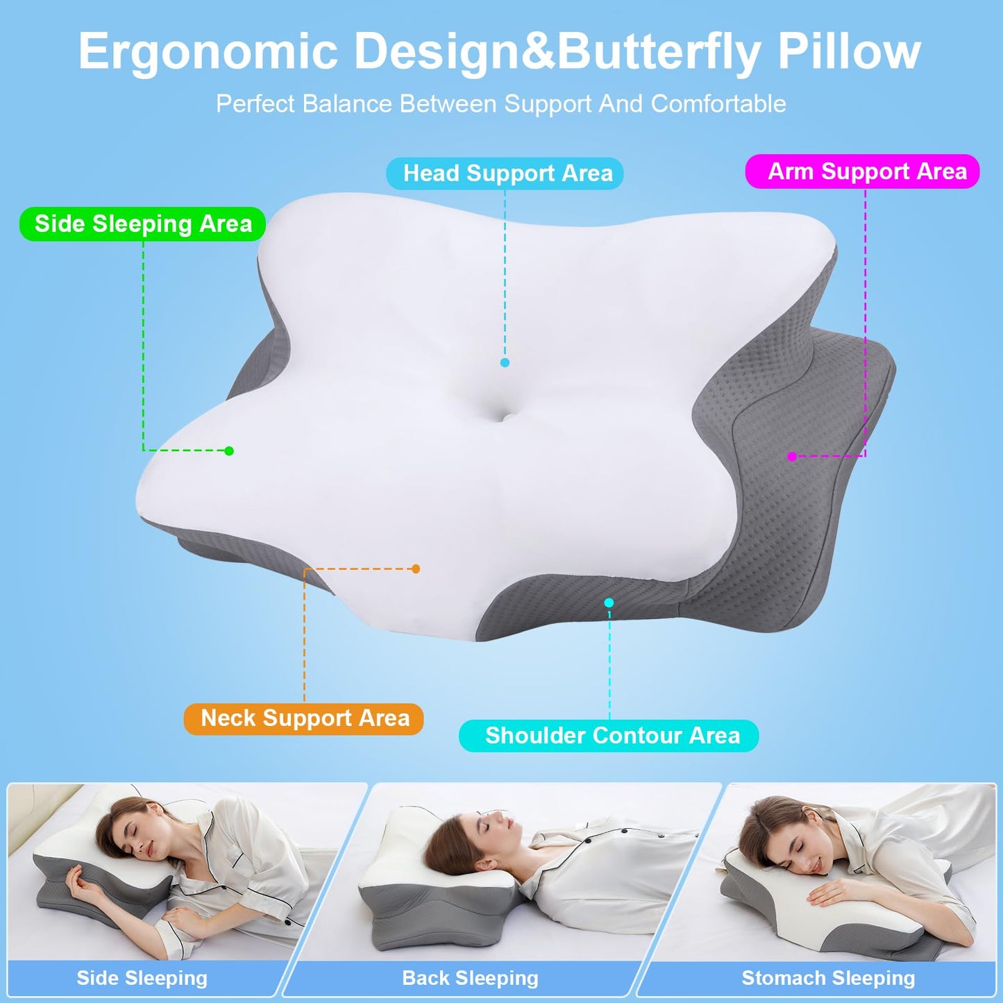 HBYGE Memory Foam Pillows, Ergonomic Pillow for Neck Pain Relief, Bed Pillow for Sleeping, Cervical Neck Pillow for Side, Back, Stomach Sleeper with Cool Pillowcase, Side Sleeper Pillows for Adults