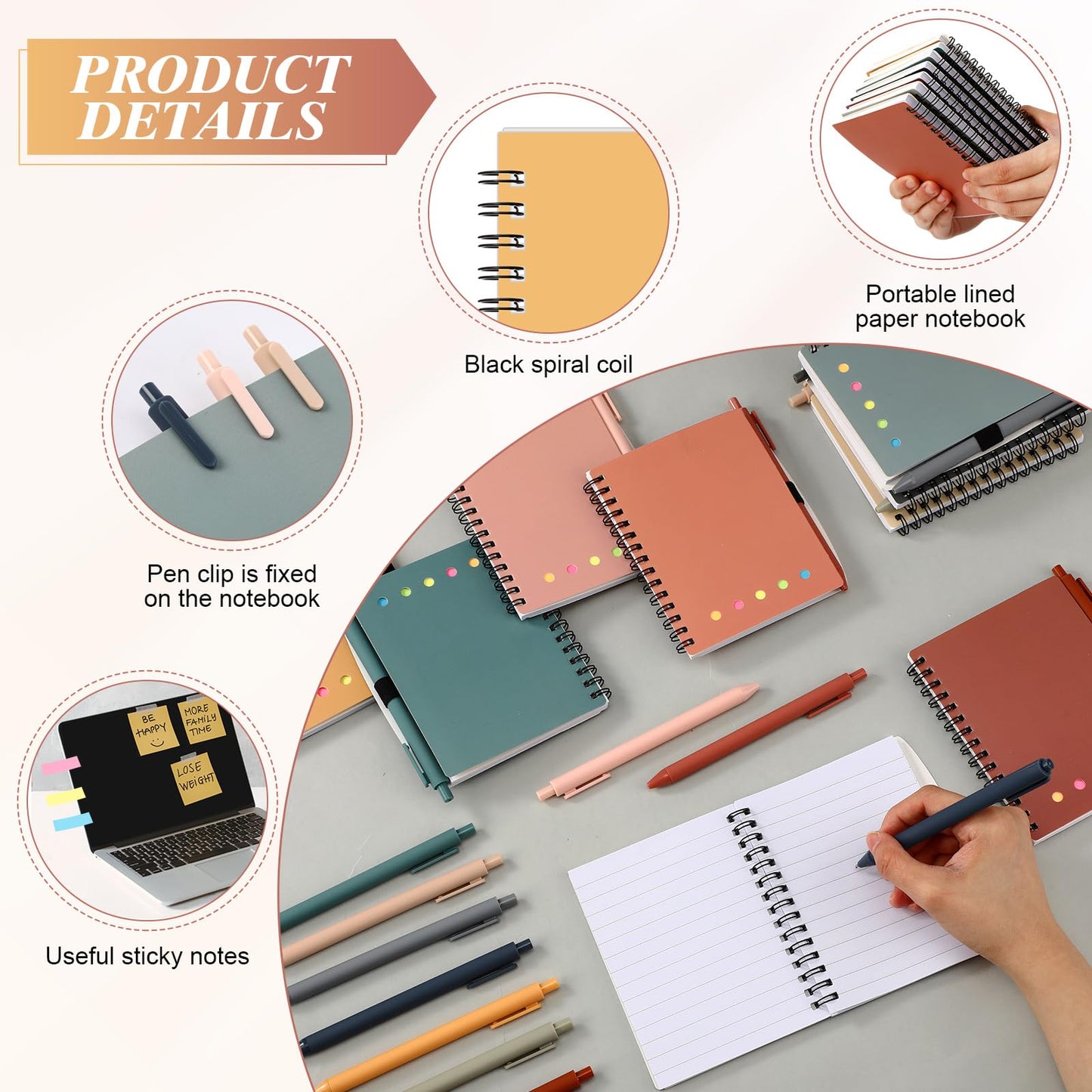 Chuangdi 20 Sets Lined Spiral Notebooks with Sticky Notes and Bamboo Pens, End of School Year Gifts for Office Teachers Staff, Boho Notebook with Pen Bulk for Graduation Gift Back-to-school (Ethnic)
