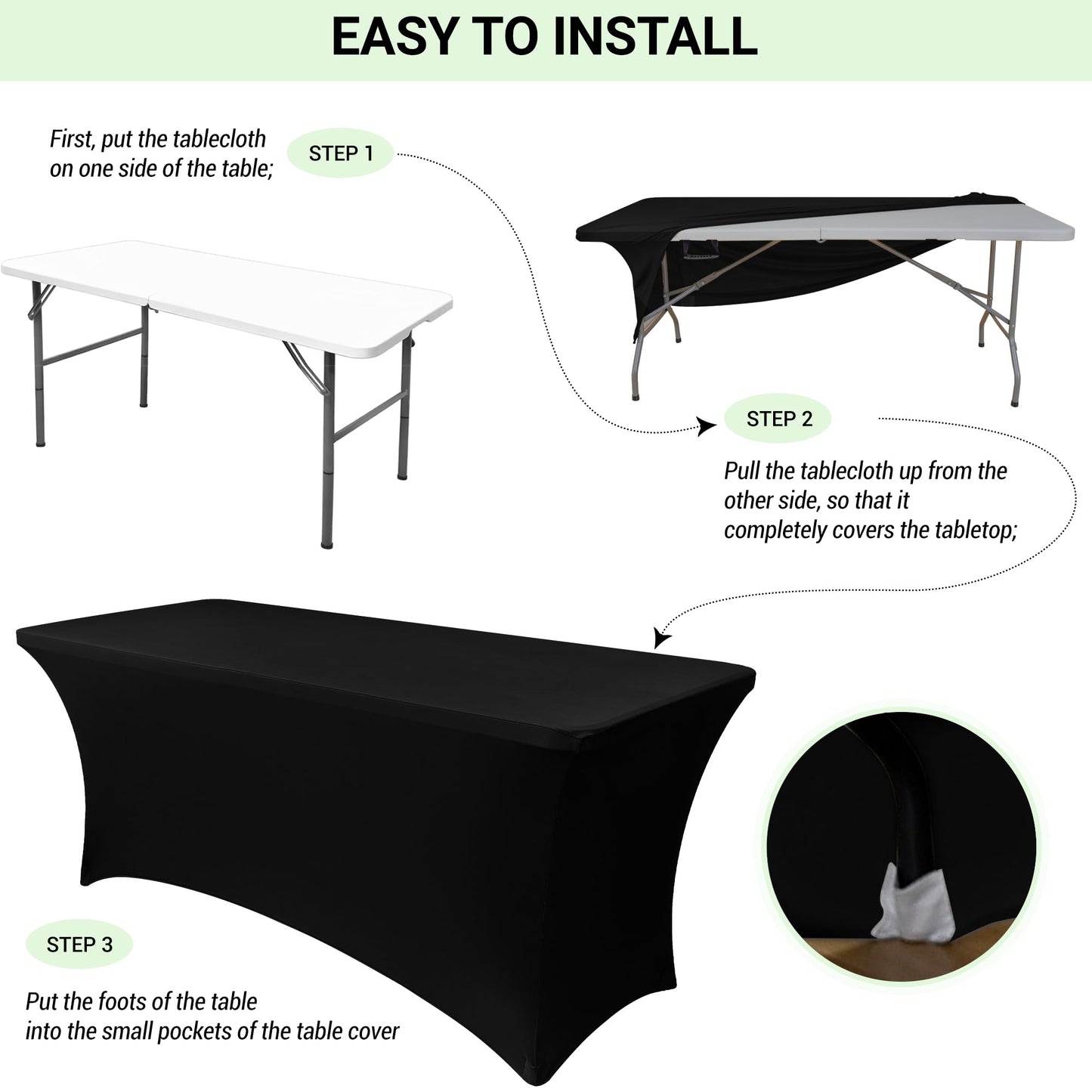 Obstal 8ft Stretch Spandex Table Cover for Standard Folding Tables - 2 Pack Universal Rectangular Fitted Tablecloth Protector for Wedding, Banquet and Party, Black