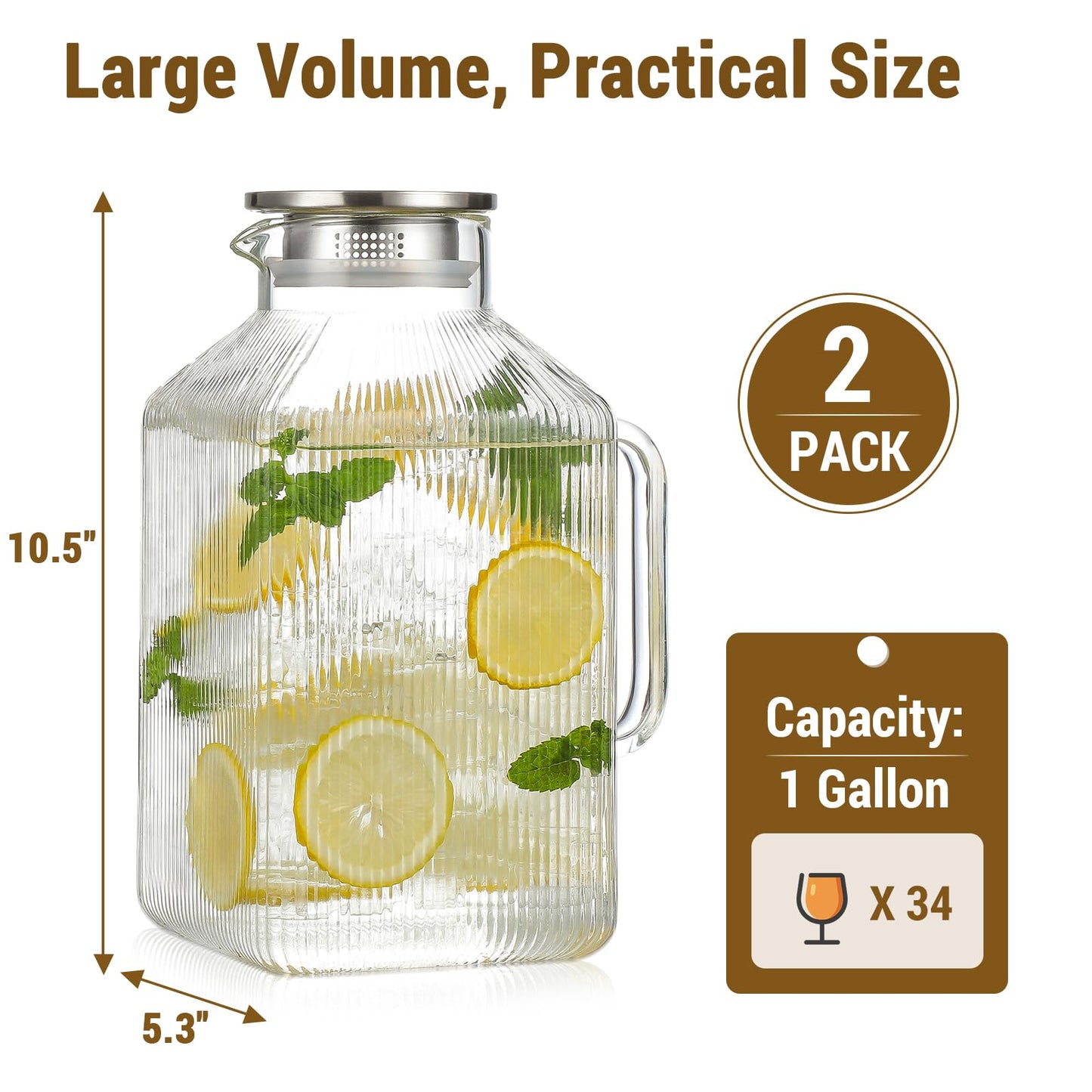 2 Pack 1 Gallon thickened Square Glass Pitcher with Lid, Classic Stripes Water Pitchers for Fridge, Borosilicate Glass Carafe for Hot/Cold Brew Drink, Extra Large Jug with Handle for Iced Tea, Coffee