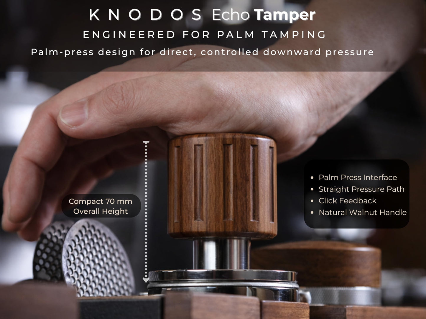KNODOS Echo Calibrated Espresso Tamper 54mm with Click Feedback, 30lb Spring, Walnut Handle for Breville Portafilters