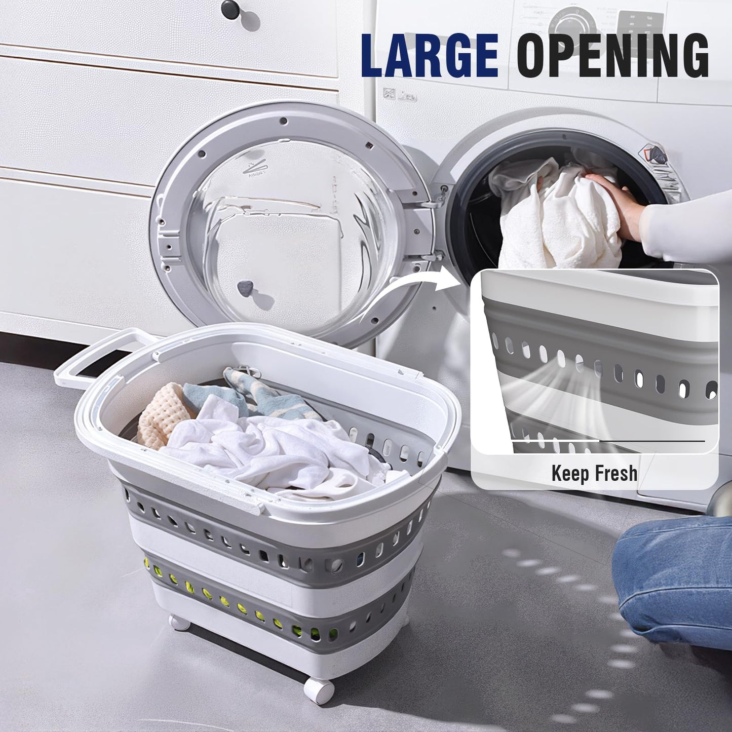 Collapsible Plastic Laundry Basket Hamper with Wheels, 45L Portable Rubber Clothes Basket, Pop Up Storage Container/Organizer with Hanging basket for Washing & Storage, Grey