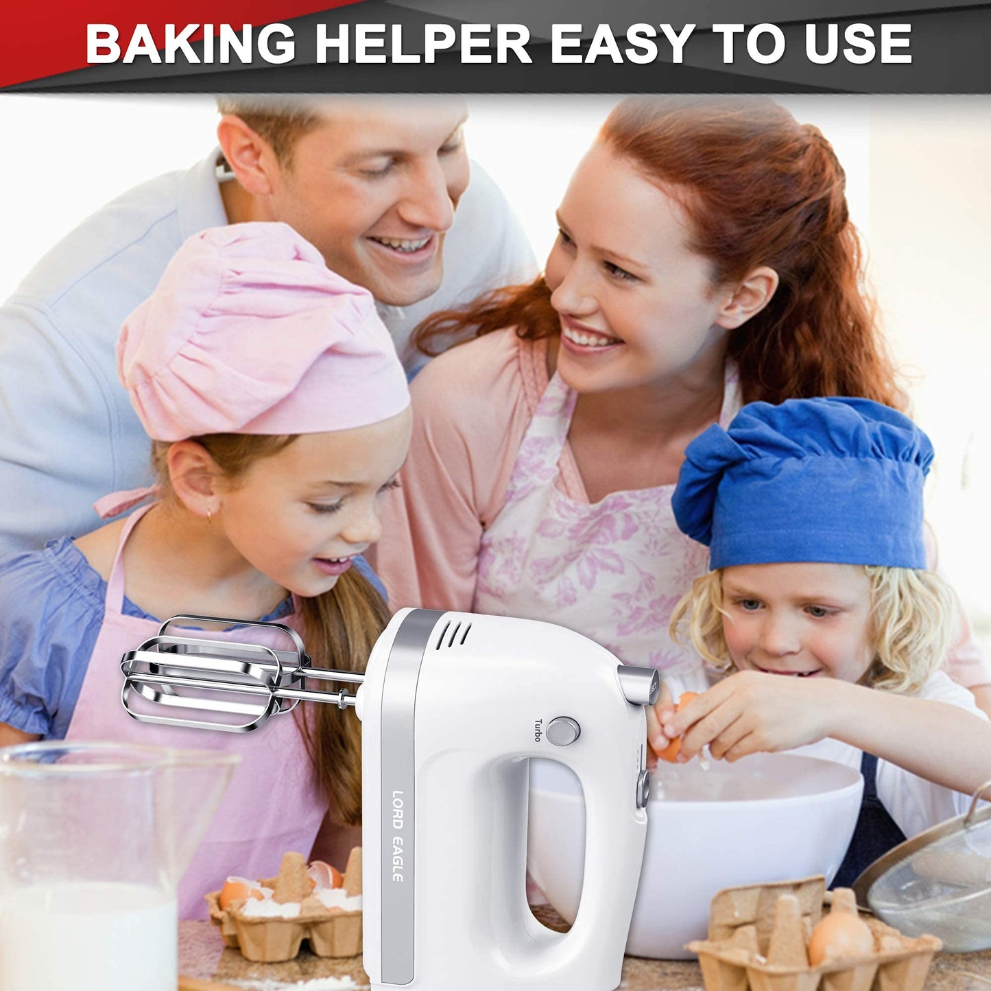 Lord Eagle Hand Mixer Electric Handheld 400W, 5-Speed Lightweight Kitchen Mixer with Storage Case, 5 Stainless Steel Attachments for Baking Cake Egg Cream Food Beater, Turbo+Eject Button