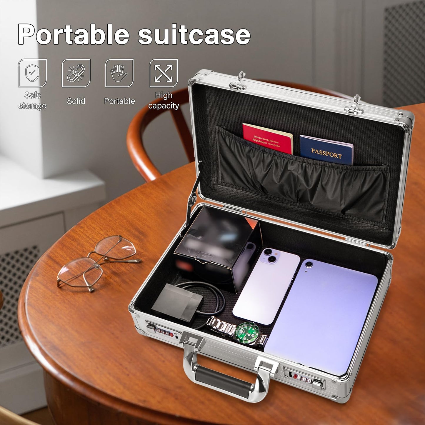 File Organizer Storage Box - 14.2 x 9.4 x 4.5 Inch Medium, Portable Locking Storage Totes with Dual Combination Locks for Passports, Medications and Small Personal Items- Silver