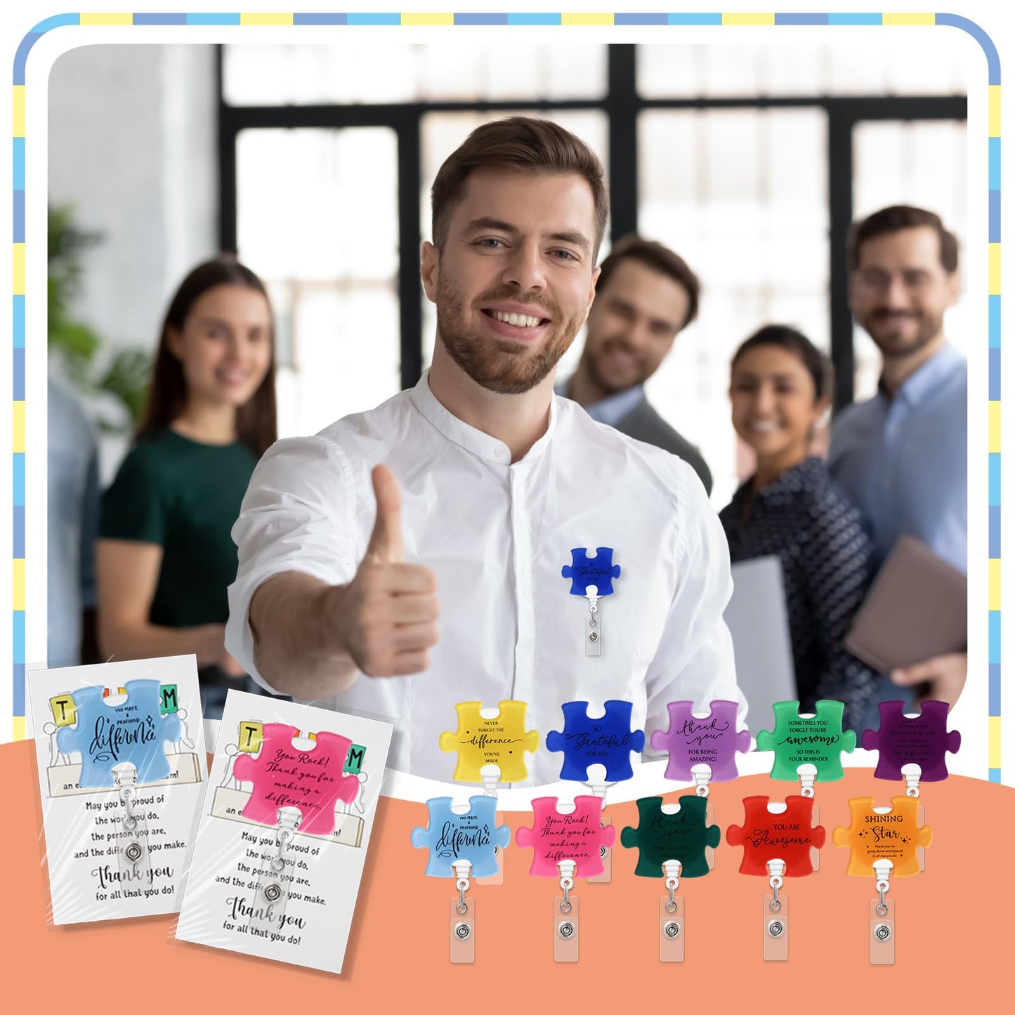 ReliThick 40 Set Employee Appreciation Gifts Bulk, Puzzle Badge Reel with Thank You Cards, Retractable ID Badge Holder for Nurse Teacher Staff Team Coworker Hospital School CNA Week (10 Styles)