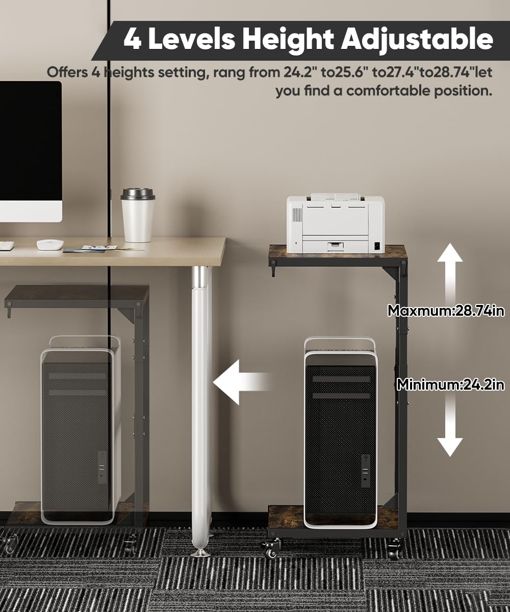 Ansionsol Computer Tower Stand, 2-Tier Metal CPU Holder Stand with Lockable Wheels, Adjustable Under Desk PC Shelf, Mobile Rolling Computer Cart for Home, Office, Gamers and Students, Black