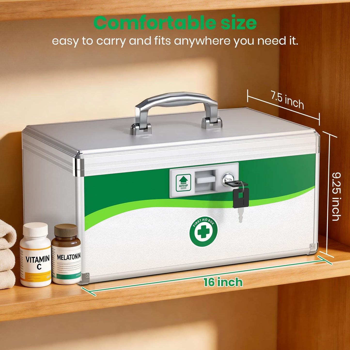 Medicine Lock Box, First Aid Safe Medication Storage Box, Layered Aluminum Daily Medicine Lockable Box with Key (Size-X-Large 16 * 9.25 * 7.5inch)