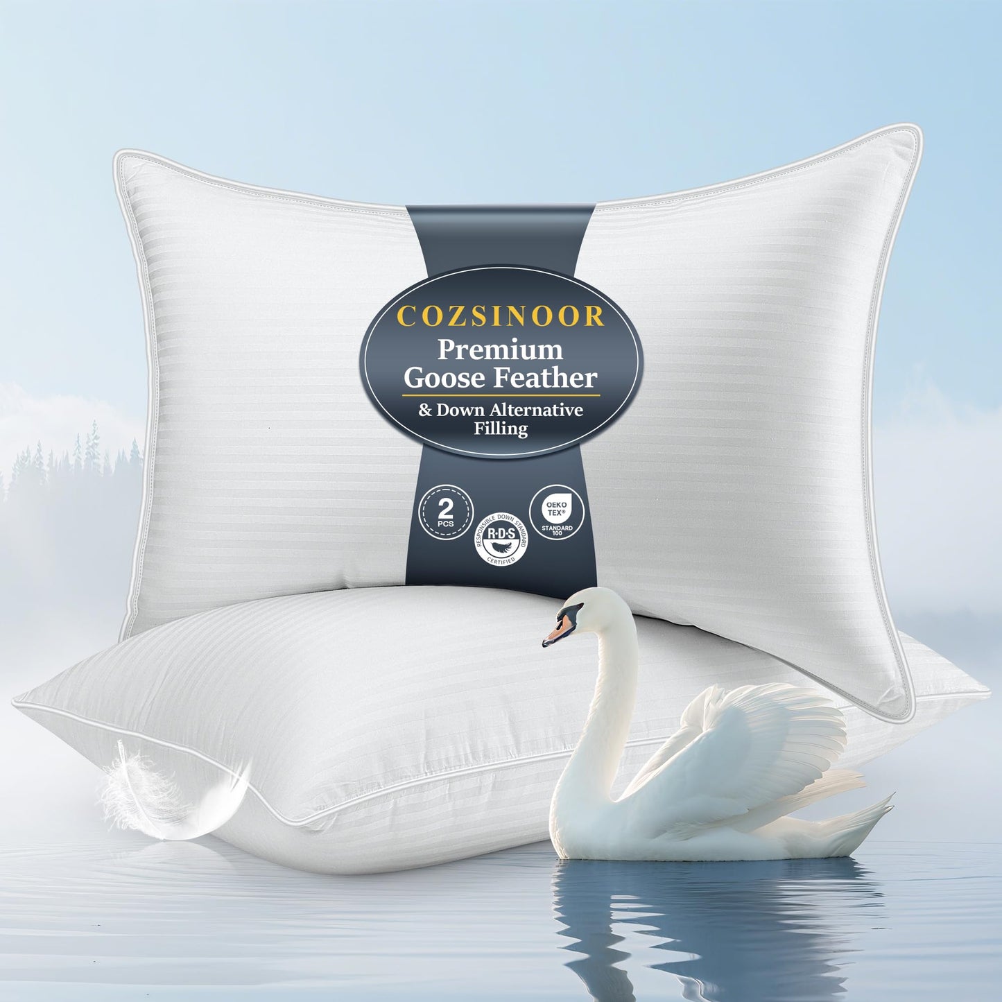 COZSINOOR Goose Feather Pillows Queen Size Set of 2 - Hotel Down Bed Pillow for Sleeping, Soft 600 TC Cotton Cover, Fluffy Support Surround Fill Down Alternative for Back, Stomach, Side Sleepers