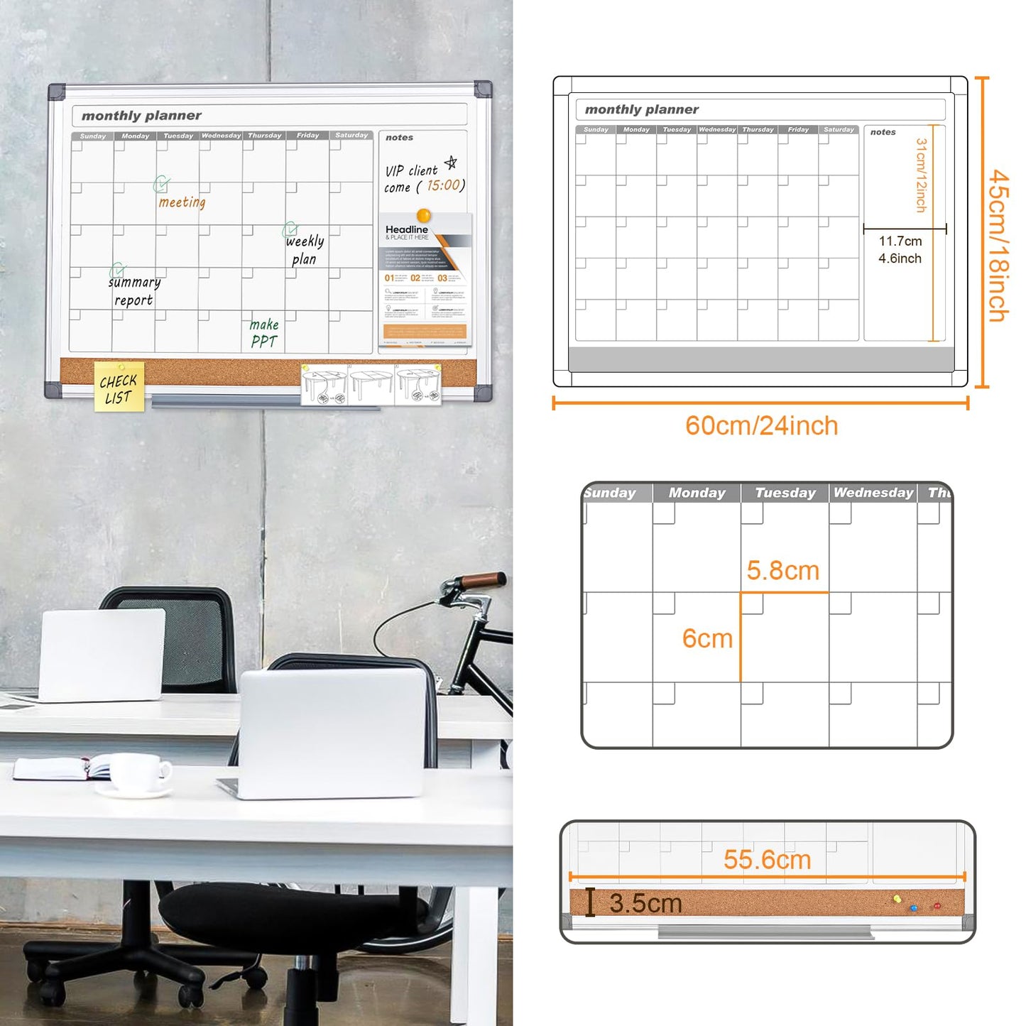 MAKELLO Dry Erase Calendar for Wall 24" x 18", Whiteboard Calendard with Cork Board for Office, Home, School, Family, Kitchen and Bedroom