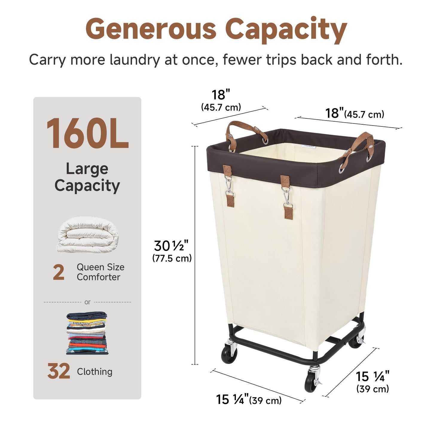 StorageWorks 160L Laundry Basket with Wheels, Large Rolling Hampers for Clothing Organizer, Dirty Clothes Basket for Hotel, Home, Closet, Dorm, Beige