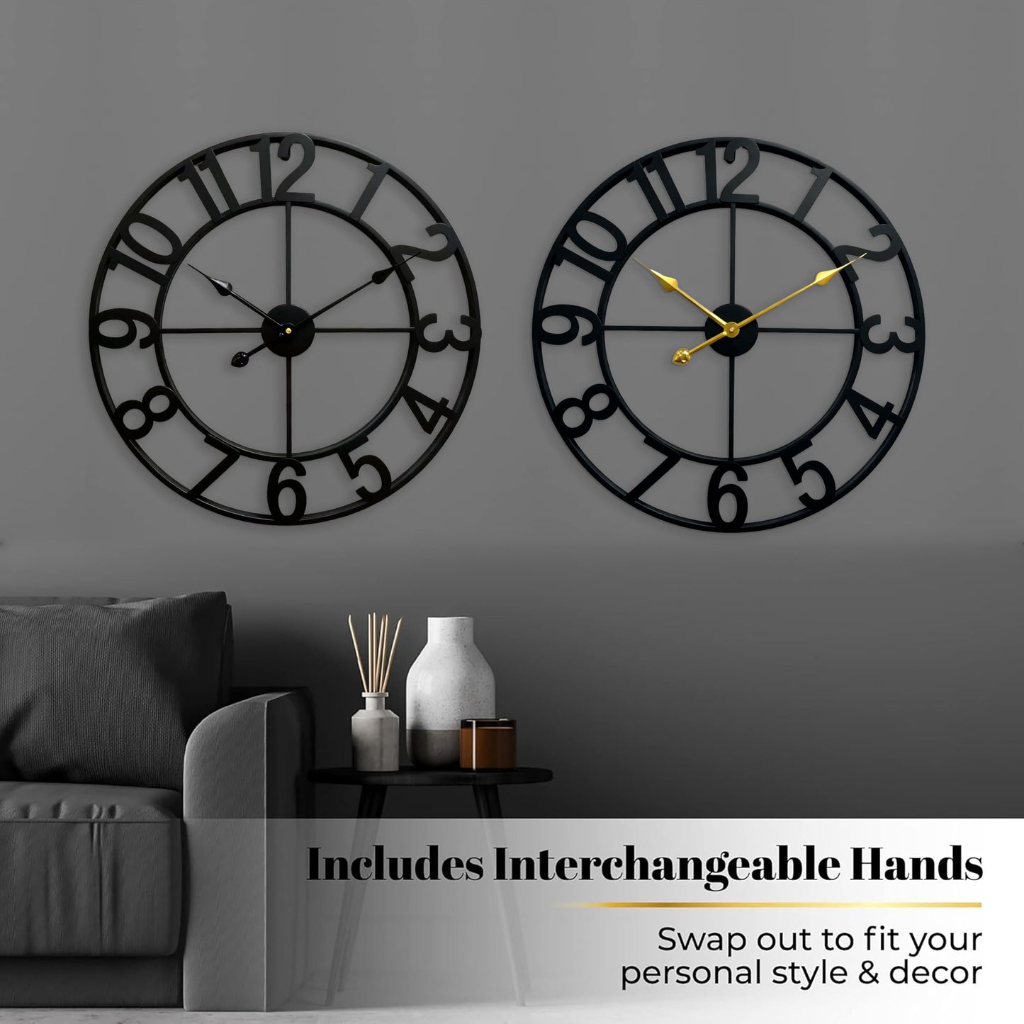 CLXEAST 24 Inch Wall Clocks for Living Room Decor, Large Black Metal Wall Clock Battery Operated, Silent/Non Ticking, Regular Arabic Numeral