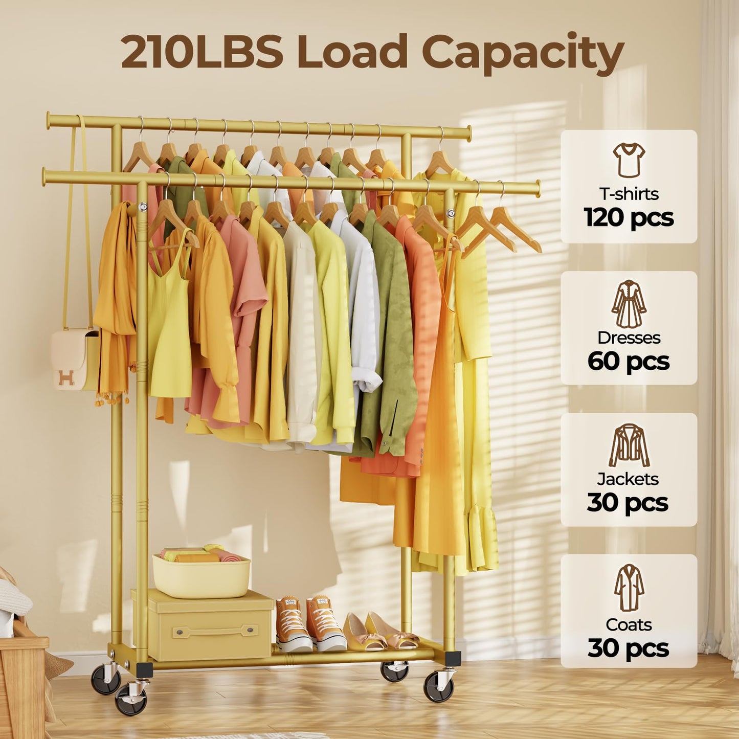 HYSEYY Double Rods Clothes Rack, Sturdy Rolling Clothing Rack, Portable Clothing Racks for Hanging Clothes - Metal Garment Rack Wardrobe Coat Rack for Bedroom Laundry Living Room, Gold