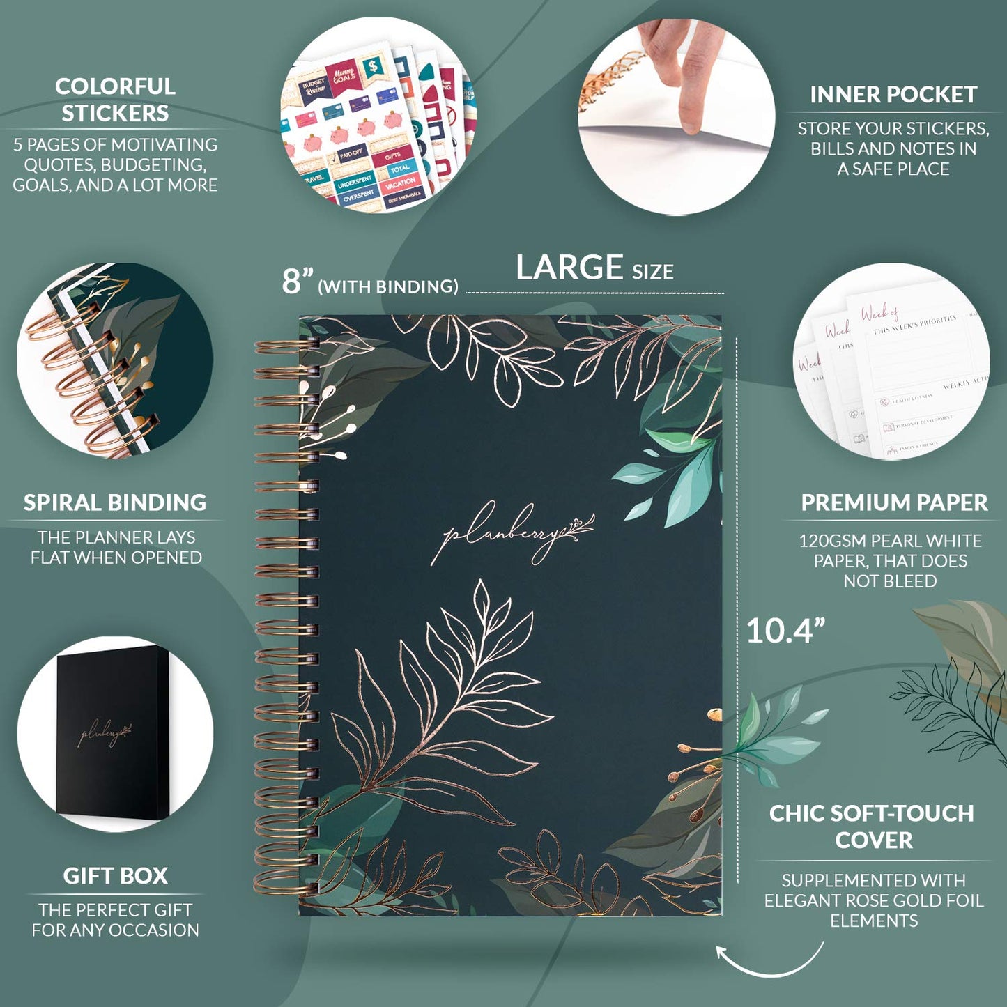 PLANBERRY Large Weekly Planner Premium – Undated Life & Budget Planner – Organizer & Productivity Journal, 8x10.4″ (Green Pastures)