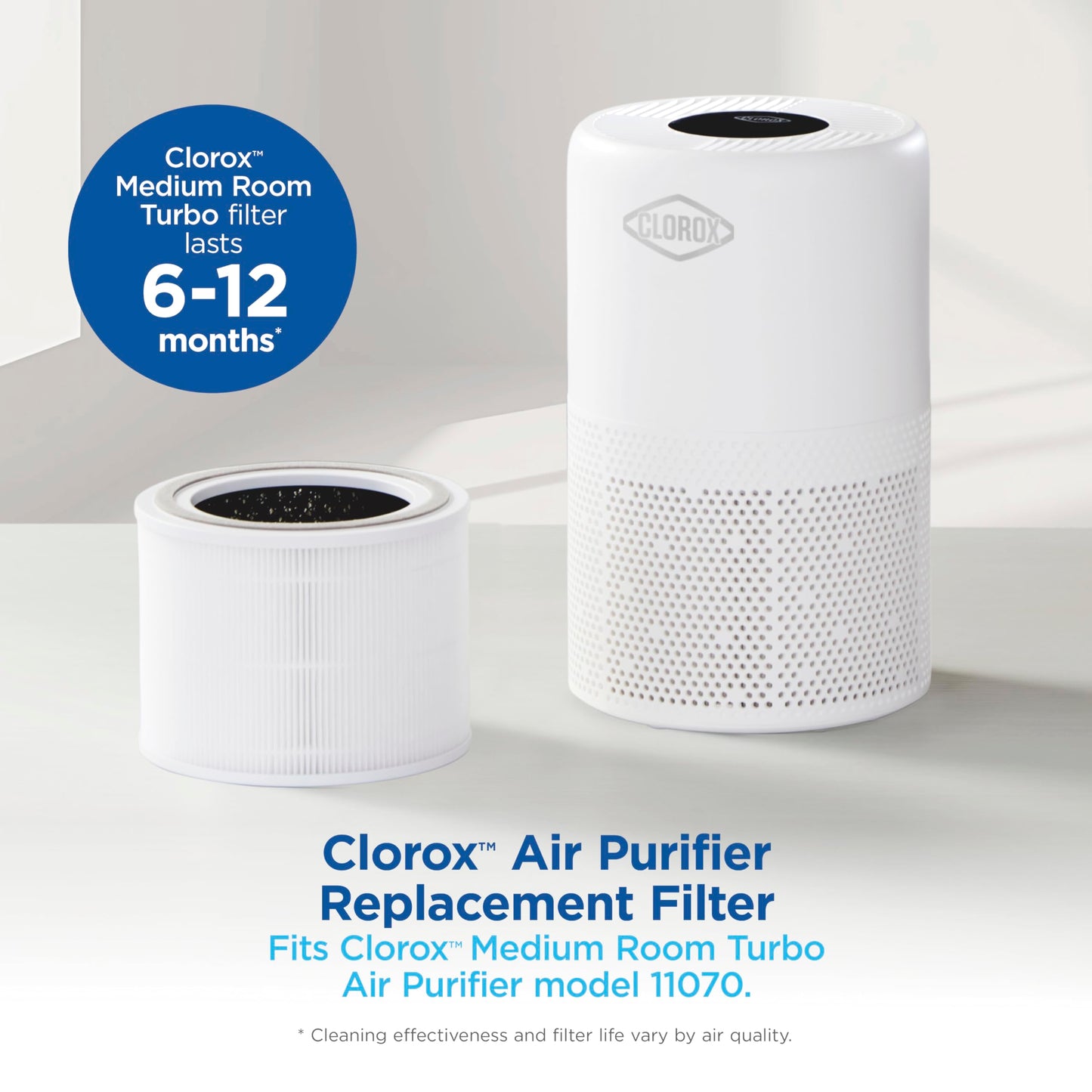 Clorox Medium Room Air Purifier True HEPA Replacement Filter, 1,000 Sq. Ft. Capacity, Reduces 99.97% of Allergens up to 0.1 Micron, Compatible with 11070, 1 Count (12070)