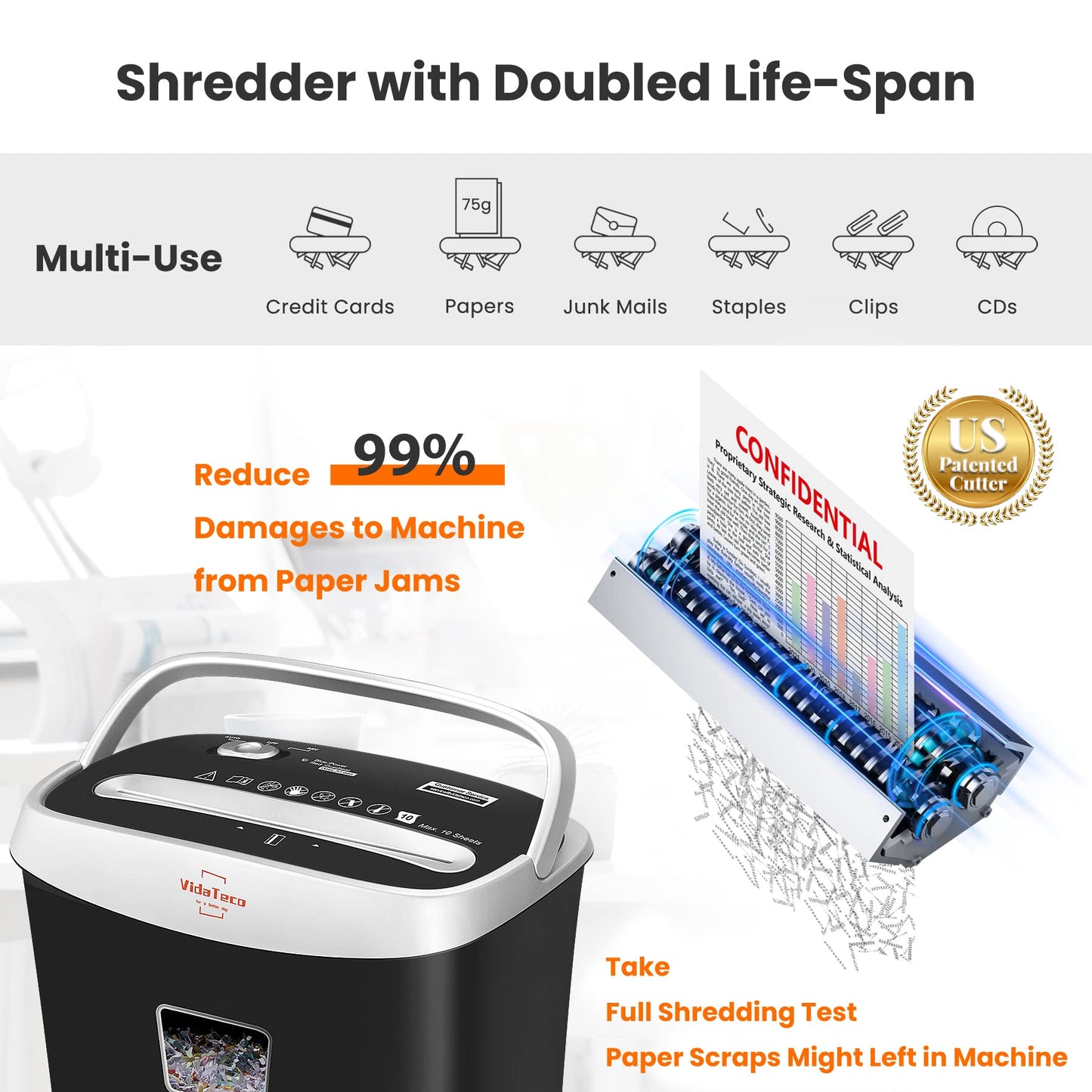 VidaTeco 10-Sheet Paper Shredder for Home Office, P-4 High Security Cross Cut Heavy Duty Shredder, Anti-Jam & US Patented Cutting, Shreds Credit Cards, CDs, Staples & Paper Clips,3.9-Gallon Basket,ETL