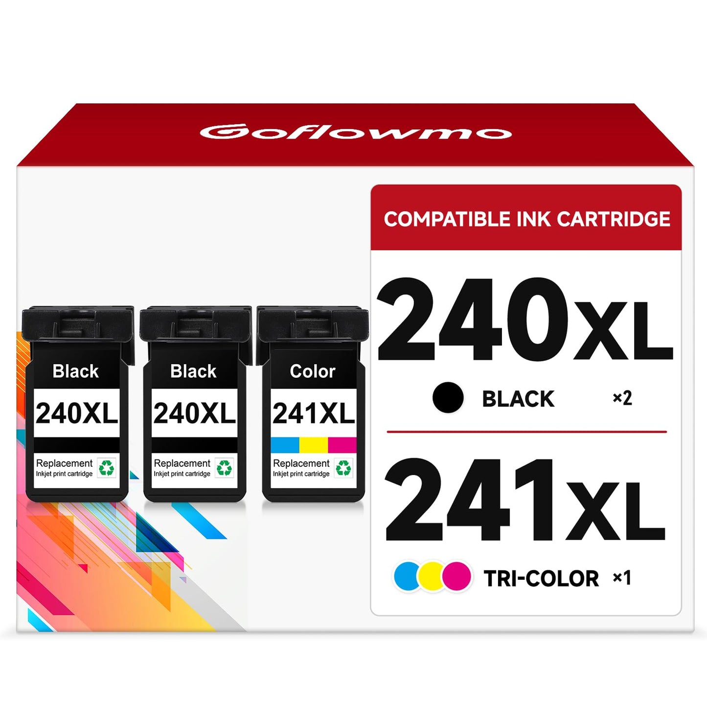 240XL 241XL Ink Cartridge Remanufactured Replacement for Canon 240XL Black 241XL Color for MG3600 MG3620 MG2120 MG2220 MG3220 MG3520 MG3620 TS5120 MX472 Printer Ink Cartridge(2 Black 1 Color, 3 Pack)