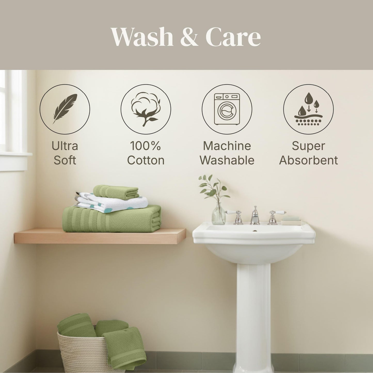 Modern Threads Natural Vine 6-Piece 100% Cotton Towel Set – Yarn Dyed Jacquard – Includes 2 Bath Towels, 2 Hand Towels, 2 Washcloths – Absorbent, Quick Dry, Soft & Durable – Sage Green
