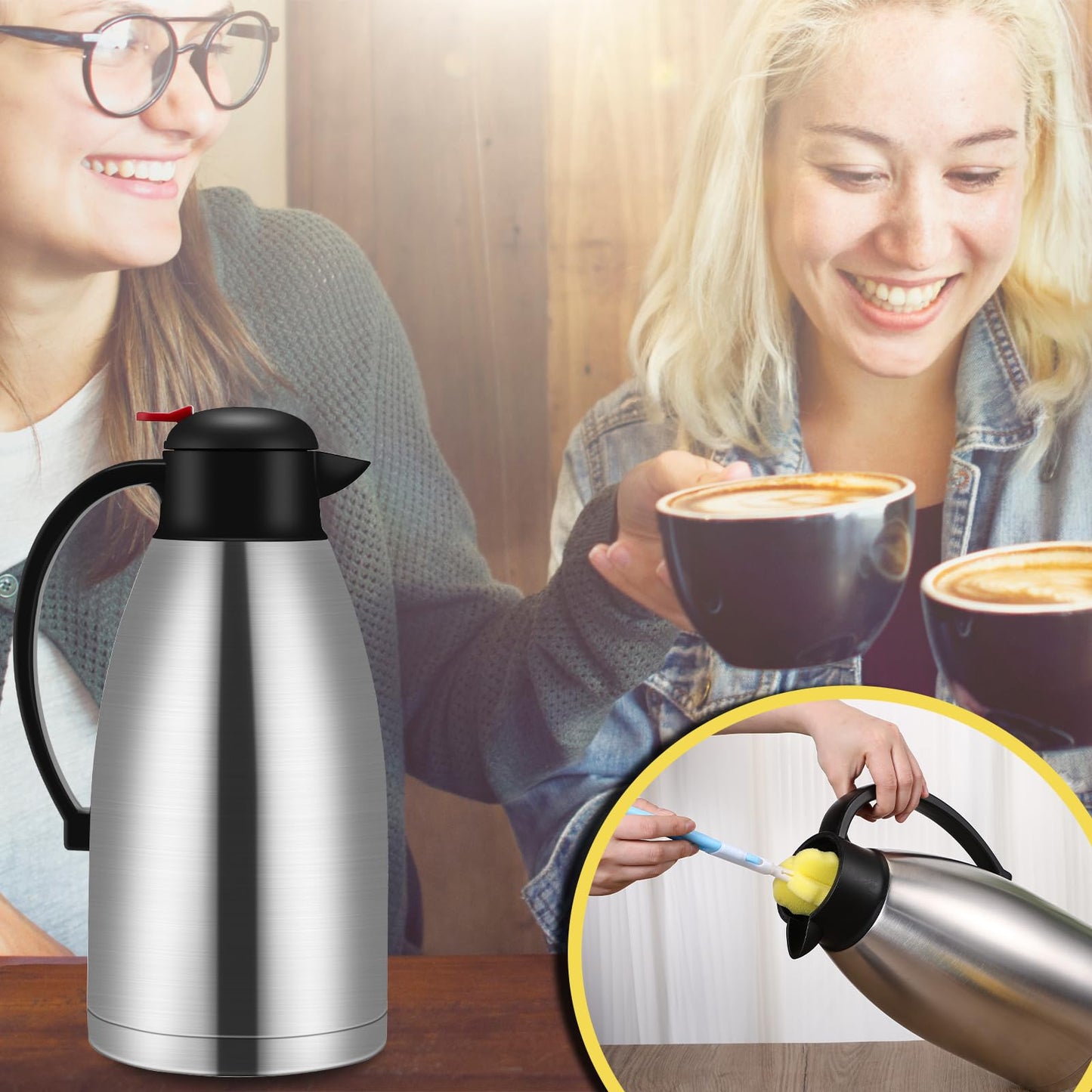 Nuogo 2 Pcs 102 oz Thermal Coffee Carafe Insulated Stainless Steel Carafe Double Walled Vacuum Coffee Pot Creamer Pitchers with Brush for Home Office Use Keep 24 Hours Hot Water Tea(Silver)