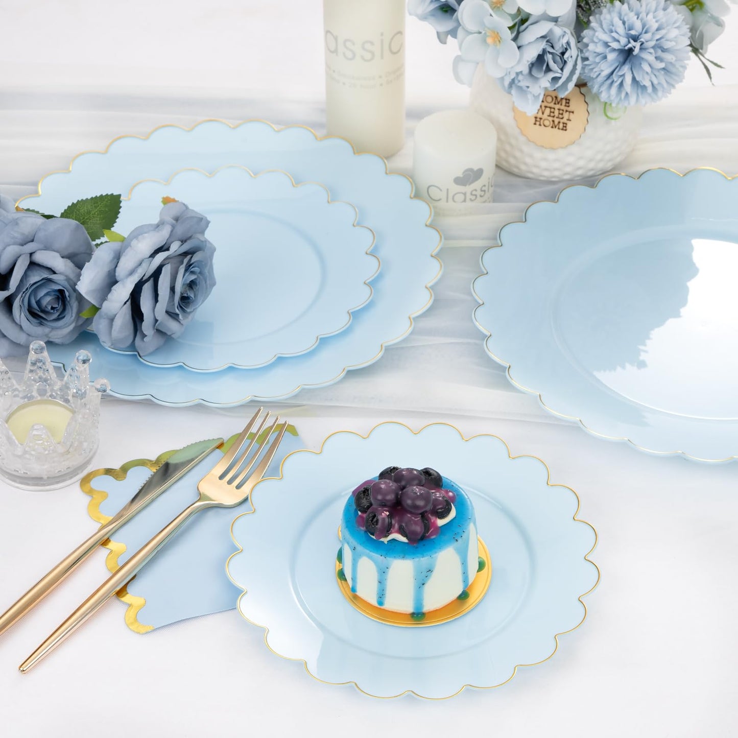 LIYH 210 Pcs Light Blue Plastic Dinnerware Set - Baby Blue Plastic Plates Napkins with Gold Foil Include Bridal Shower Plates Disposable Gold Silverware Napkins Cups for Birthday 30 Guests