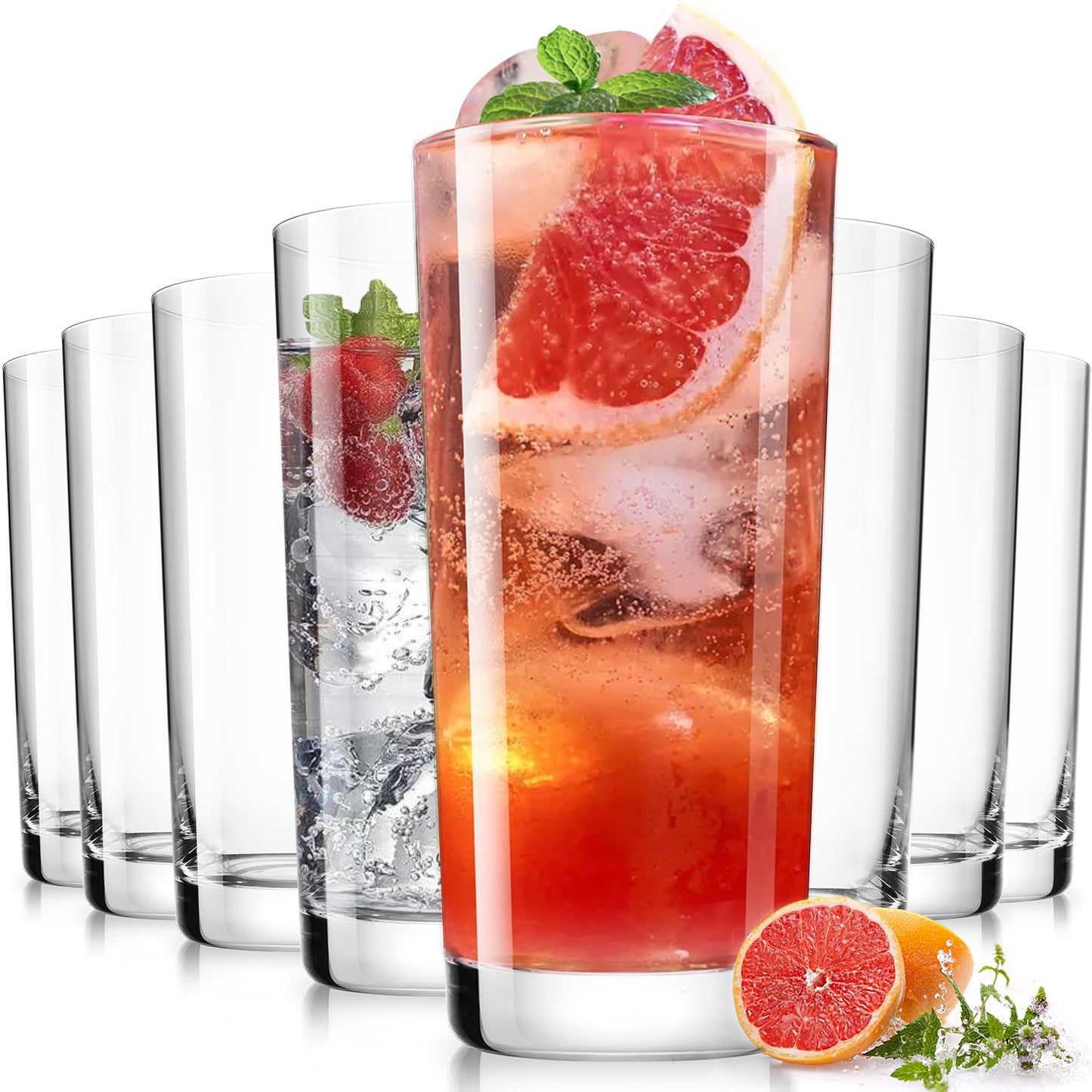 LUNA & MANTHA Drinking Water Glasses Set, Lead-Free Crystal Highball Glass, Tall Glass Cups for Cocktail Parties,Clear set of 8,16oz