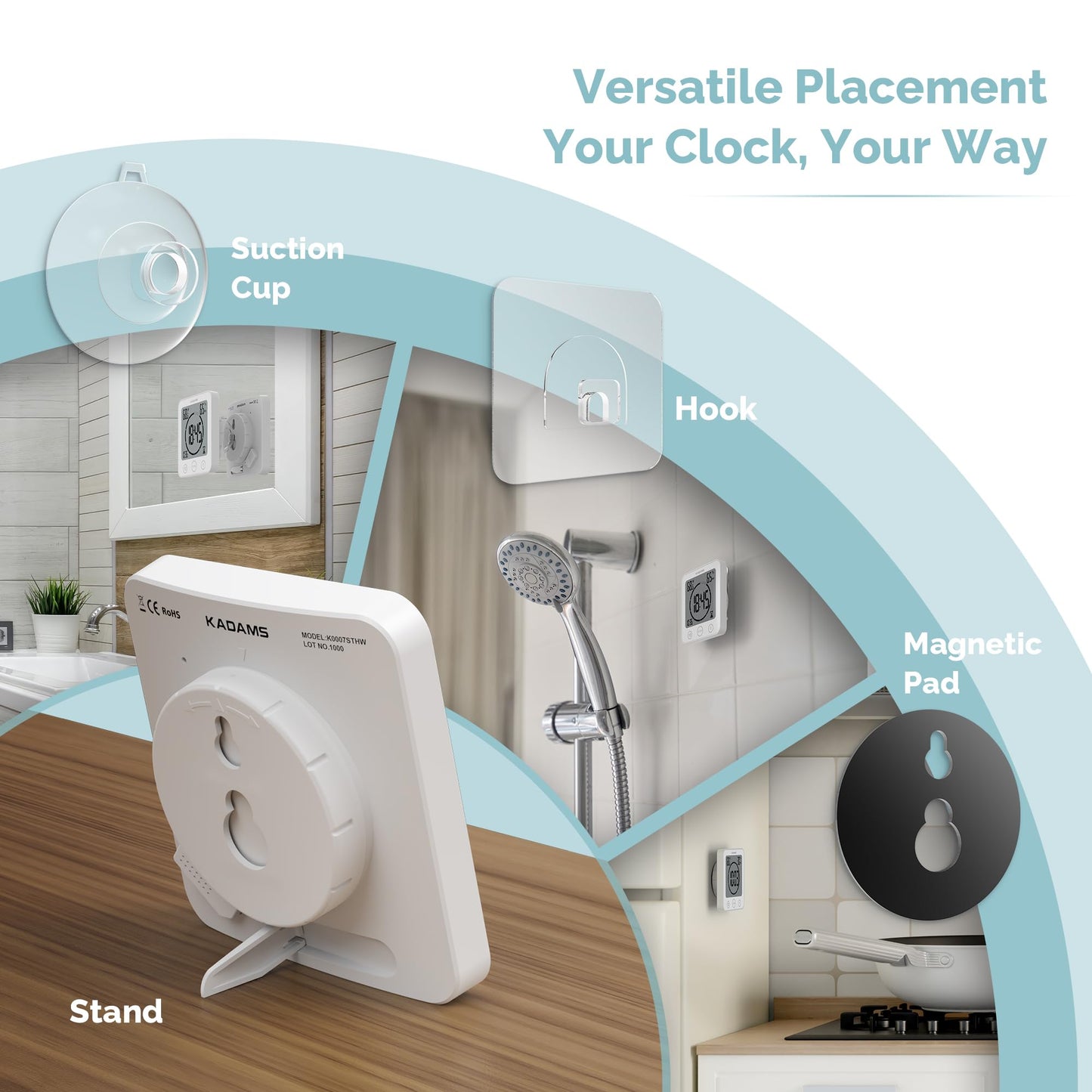 KADAMS Shower Clock Waterproof Bathroom Timer – Digital Wall Clock with Countdown, Magnetic Kitchen Clock with Temperature & Humidity, Suction Cup for Kids Shower Spa Sauna Cook Bath, White