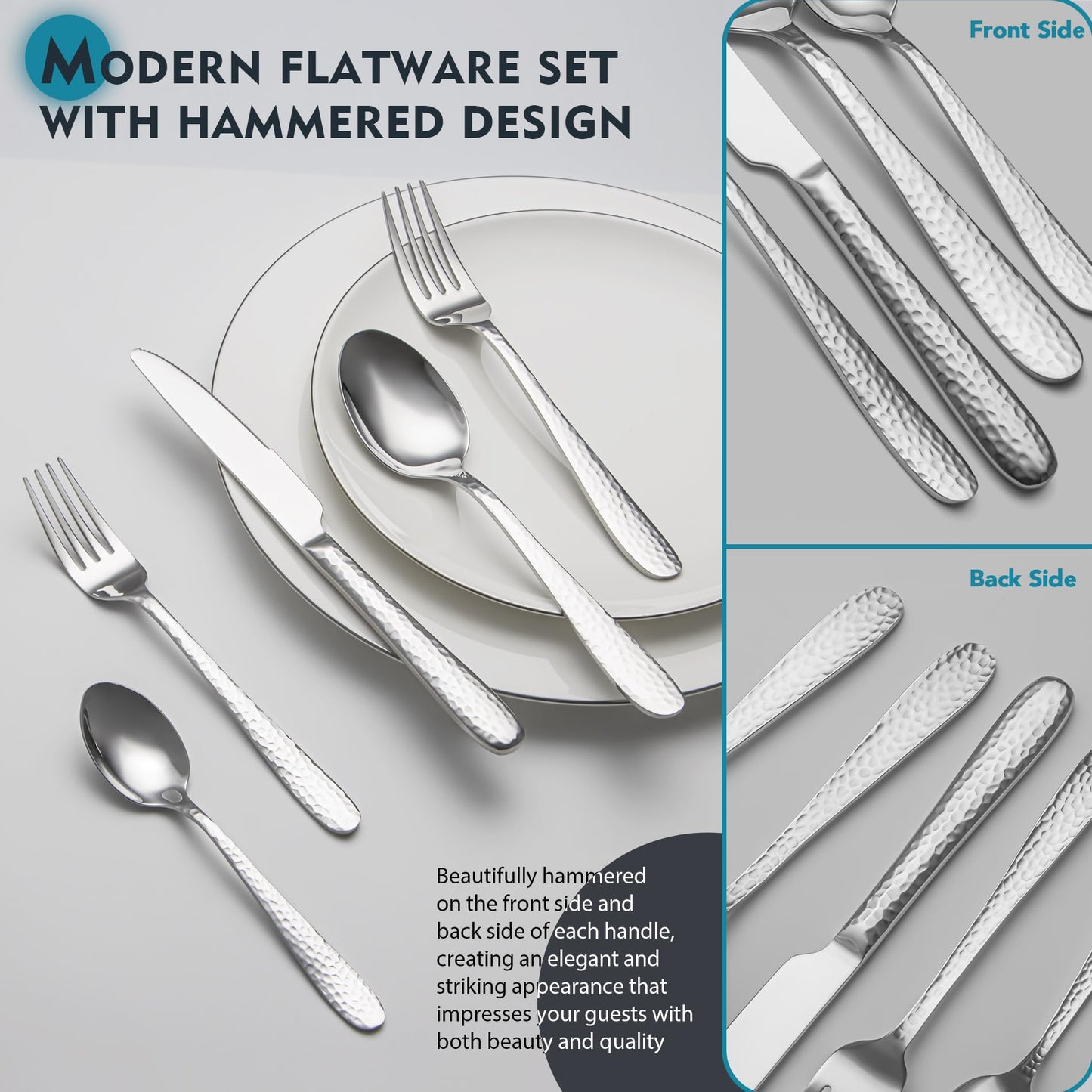 Hammered Silverware Set, EIUBUIE 40-Piece Stainless Steel Flatware Set for 8, Mirror Finish Tableware Kitchen Cutlery Sets, Durable Home Eating Utensils Sets Includes Fork Spoon Knife, Dishwasher Safe