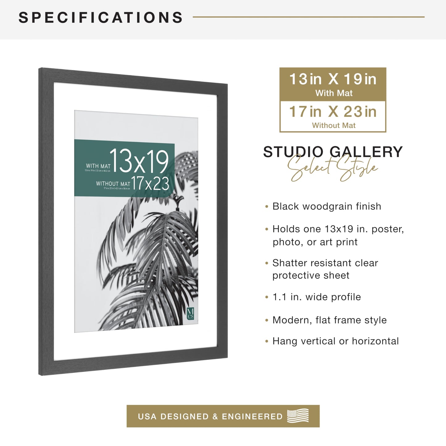 MCS Studio Gallery 17x23 Matted Poster Frame with 13x19 Picture Display, Black Woodgrain Engineered Wood Vertical & Horizontal Wall Hanging Large Picture Frame for Photos, Posters & Art Prints (1-Pack)