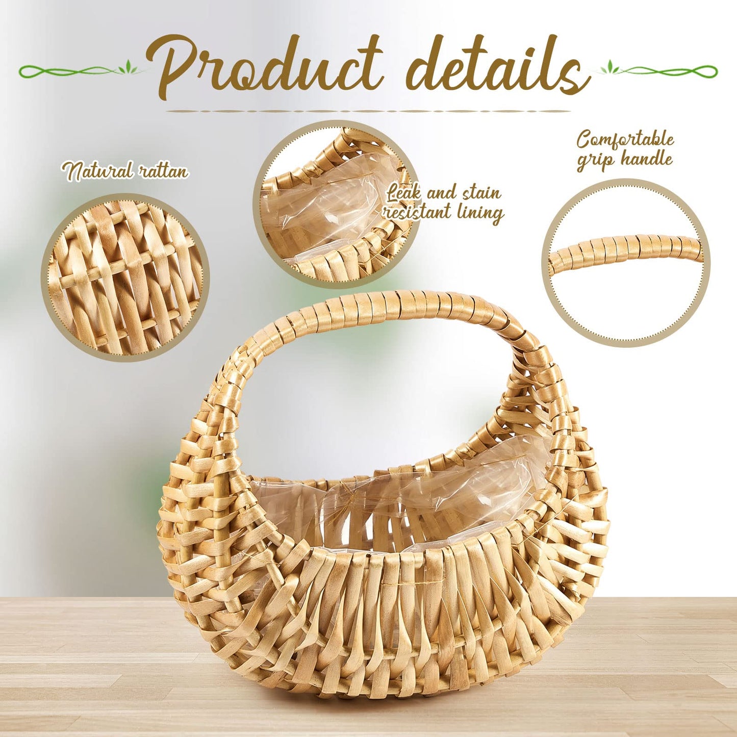 Taiyin 6 Pack Rattan Flower Girl Basket Half Moon Straw Wicker Basket with Handle 6.7" x 6.5" x 4.3" Ideal for Wedding Flower Girl, Picnic, Garden Storage and Home Decor (Nature)