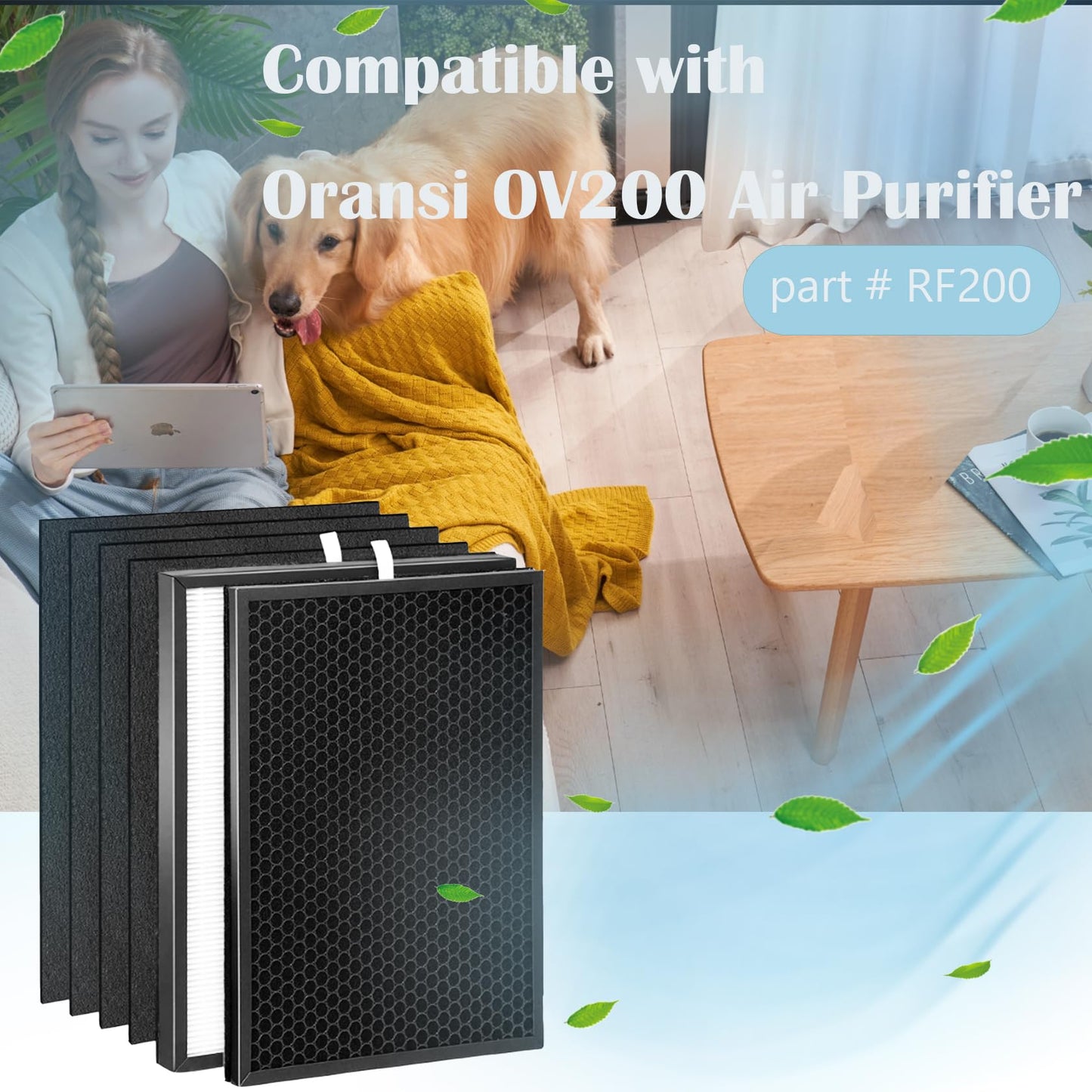 OV200 Filter For Oransi OV200 Air Purifier Part RF200, Include 1 pack True HEPA Filter 1 pack Activated Carbon Filter and 4 pack Pre-Filter