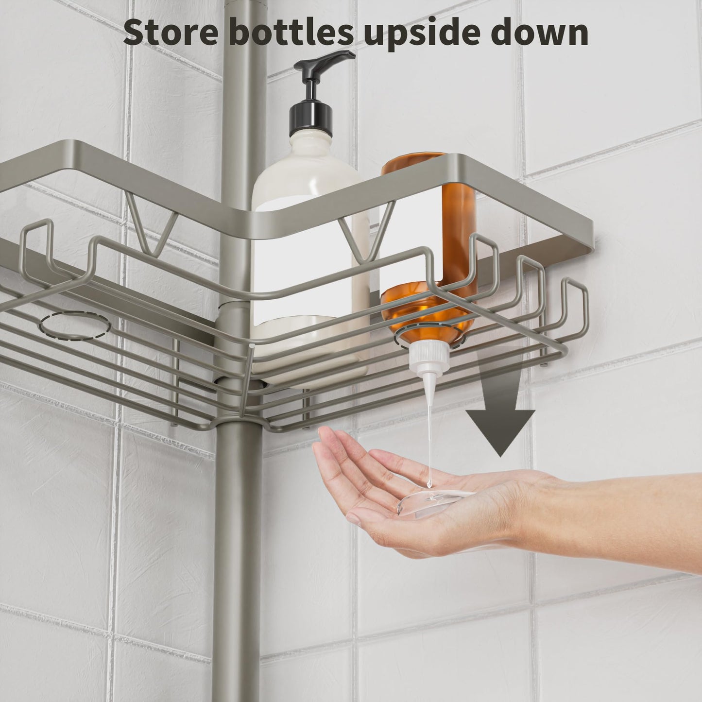 KEGII Shower Caddy Tension Pole, 4-Tier Rustproof Adjustable Corner Bathroom Organizer for Renters, 25–114.2 Inch No Drill Space-Saving Shower Storage Rack, Silver Gray