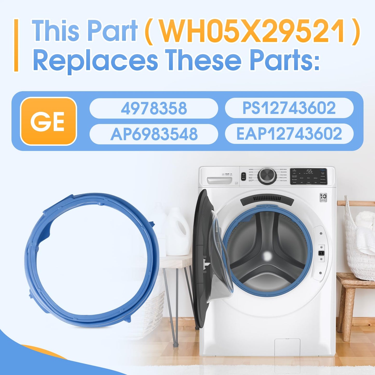 WH05X29521 Washer Door Gasket Seal for GE GFW550SSN0WW GFW550SSN2WW GFW550SSN5WW GFW550SSN1WW GFW550SPR5RS GFW550SPN0DG GFW550SPR4RS GFW550SSN4WW Etc, Replace 4978358 AP6983548 PS12743602 EAP12743602