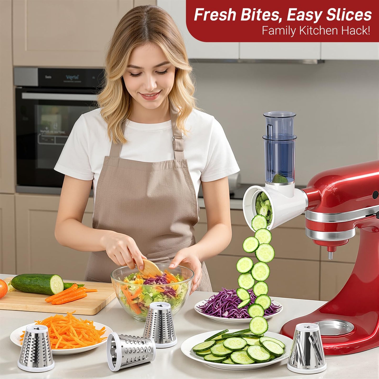 Slicer Shredder Attachment for KitchenAid Stand Mixers, Cheese Grater Attachments, Vegetable Slicer Salad Maker Accessories for Kitchenaid, Food Slicers with 4 Blades, Dishwasher Safe