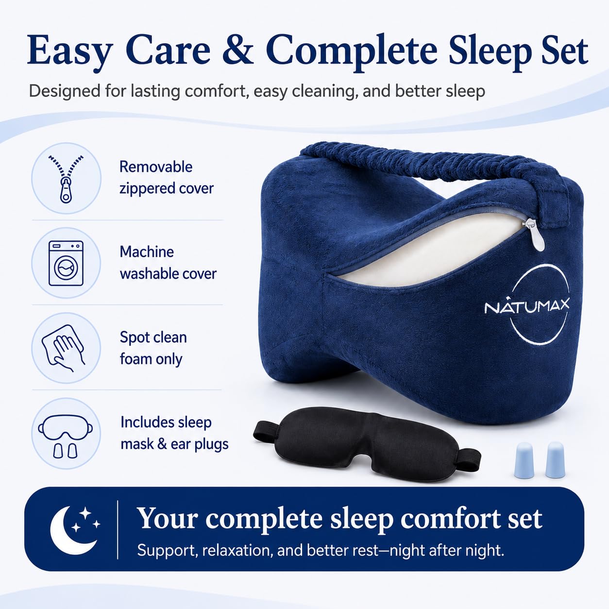NATUMAX Knee Pillow for Side Sleepers - Relief from Sciatica Pain, Back/Leg Pain, Pregnancy, Hip and Joint Pain Memory Foam Leg Pillow + Free Sleep Mask and Ear Plugs